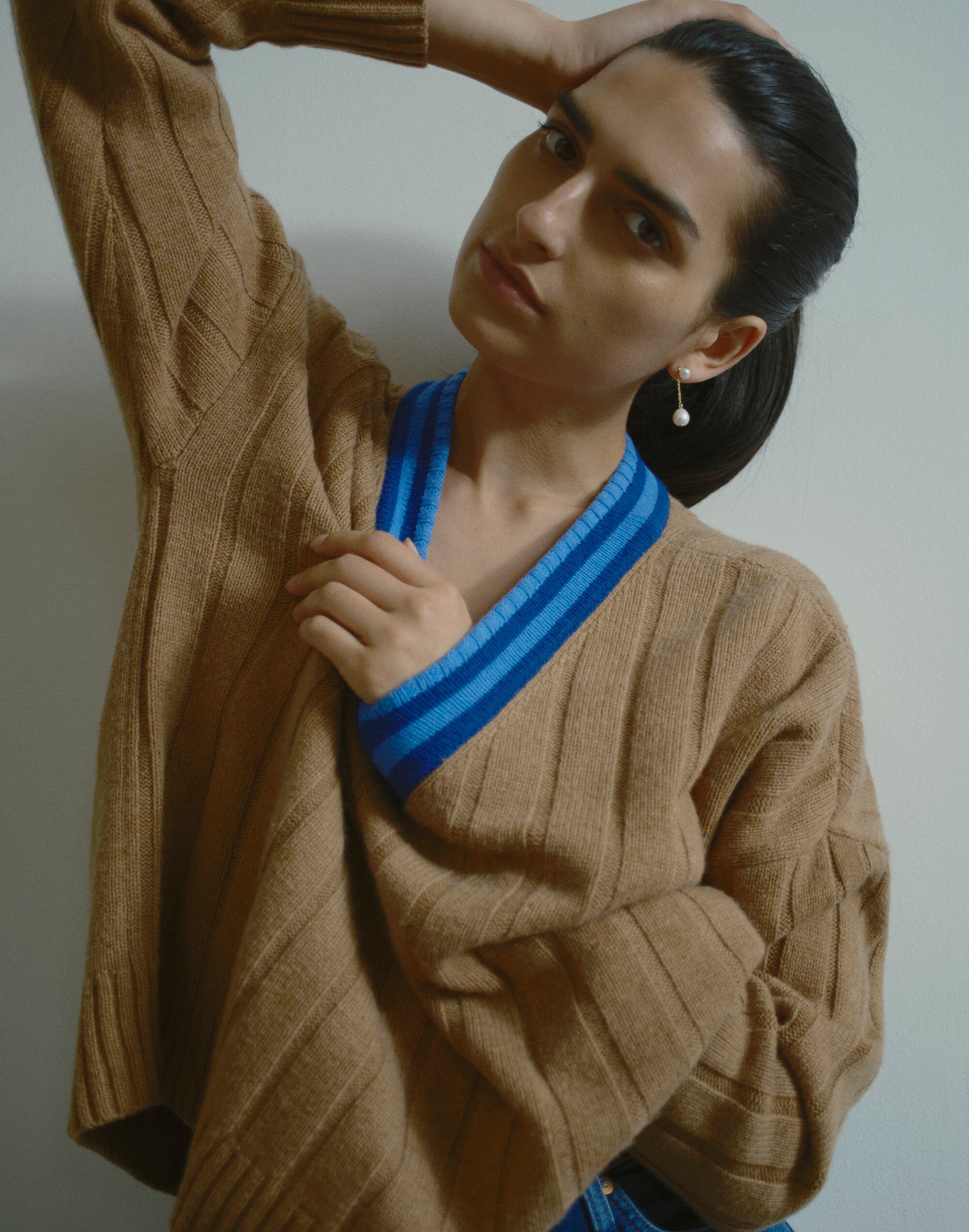 Tipped V-Neck Oversized Sweater