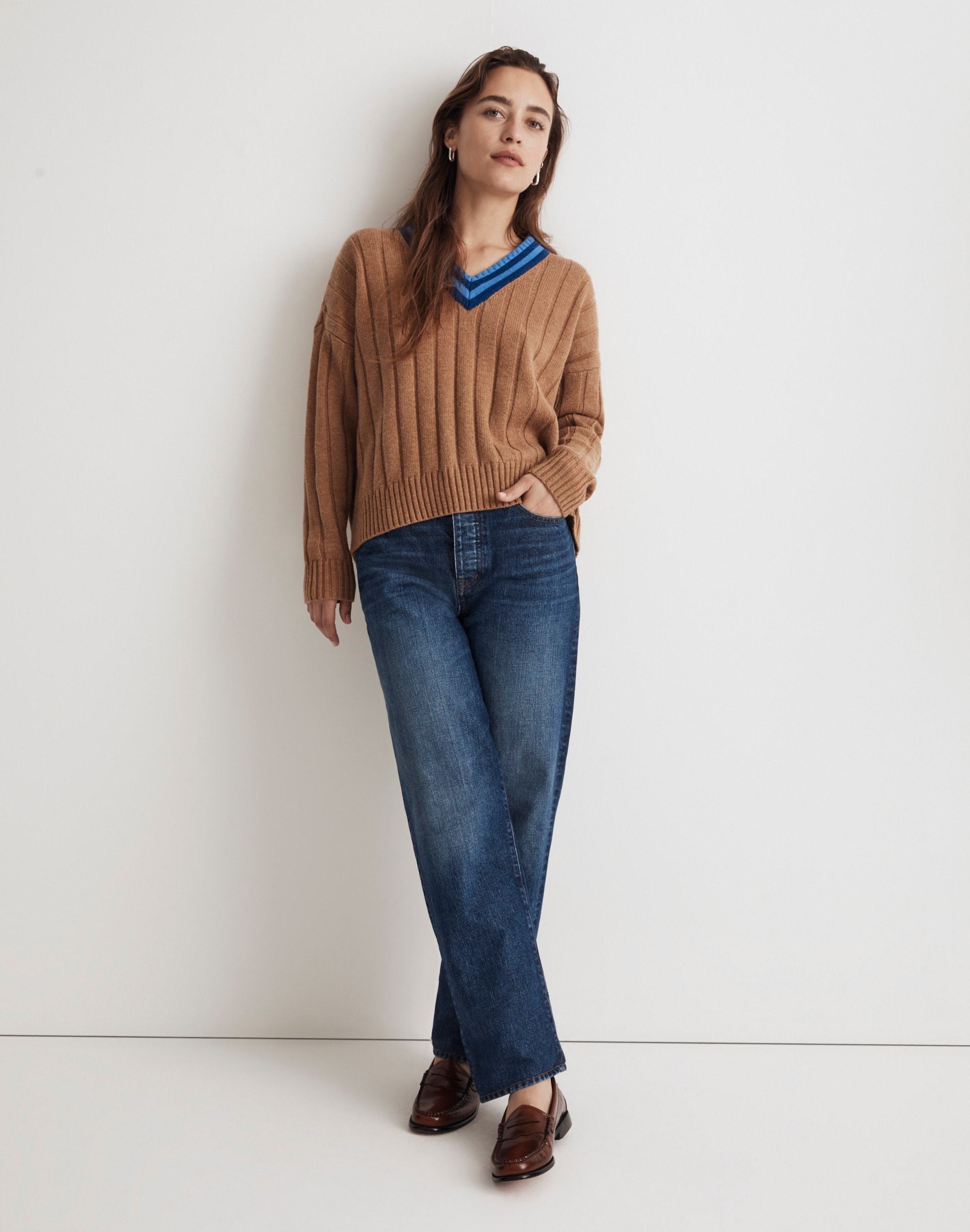 Tipped V-Neck Oversized Sweater