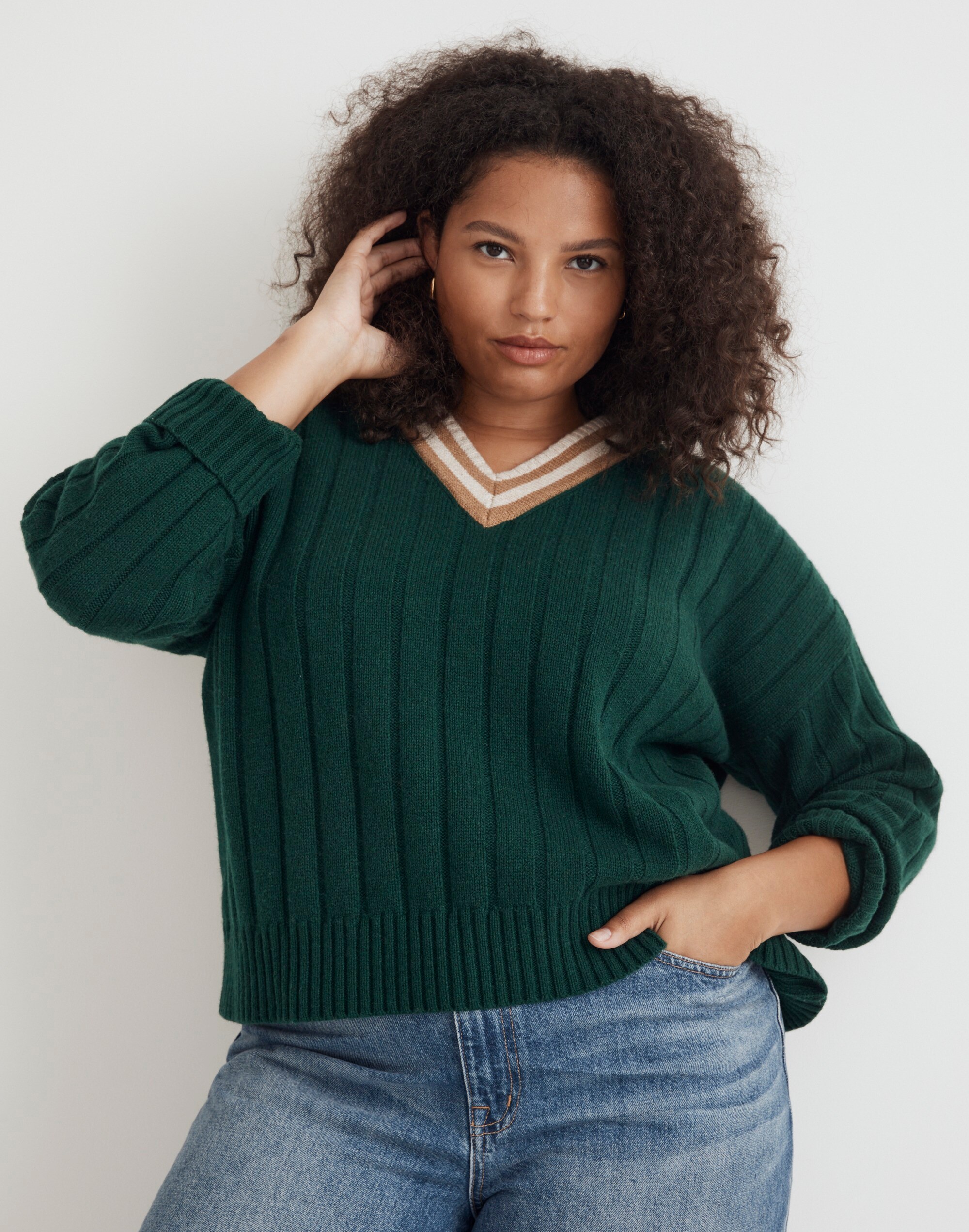 Tipped V-Neck Oversized Sweater