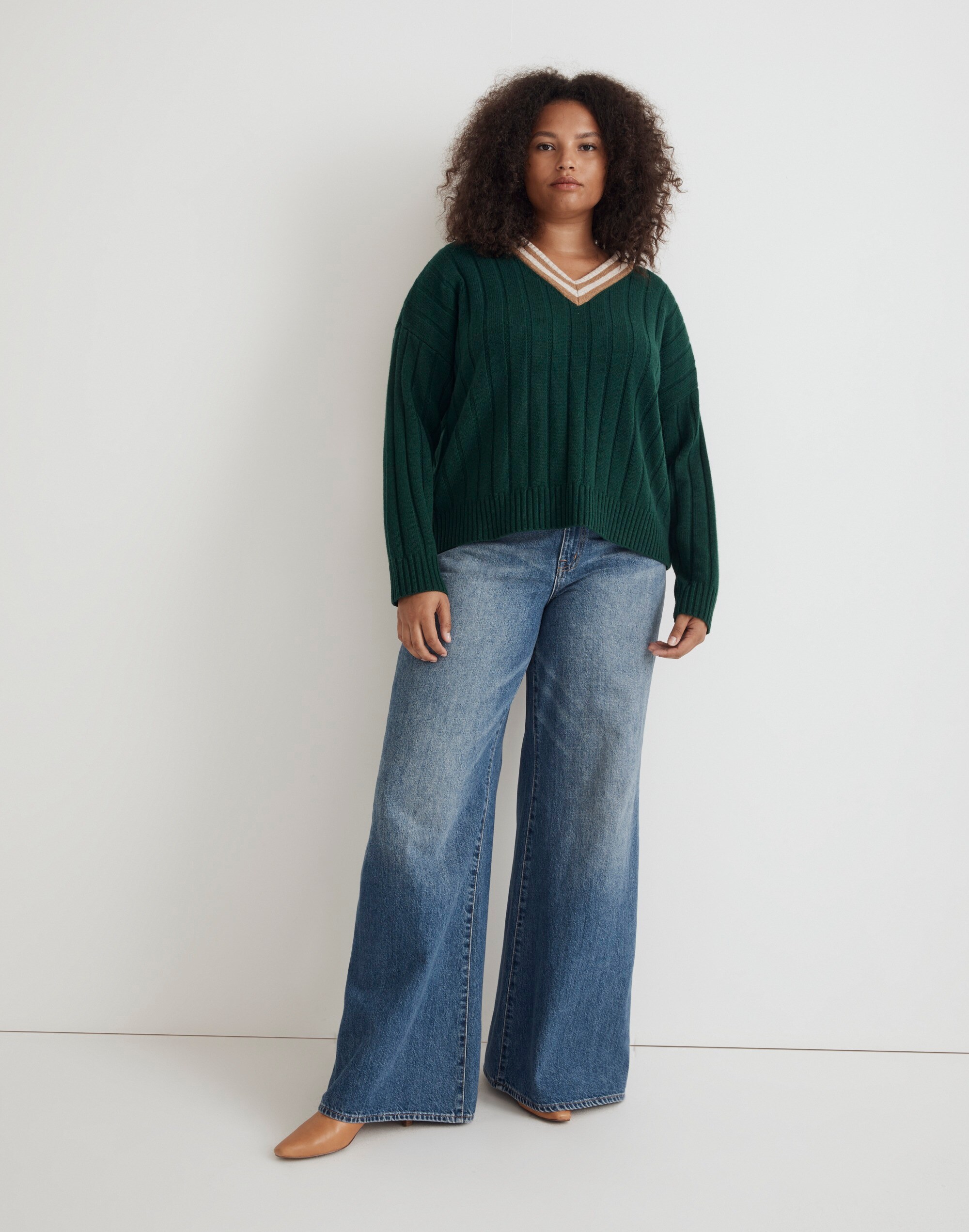 Tipped V-Neck Oversized Sweater