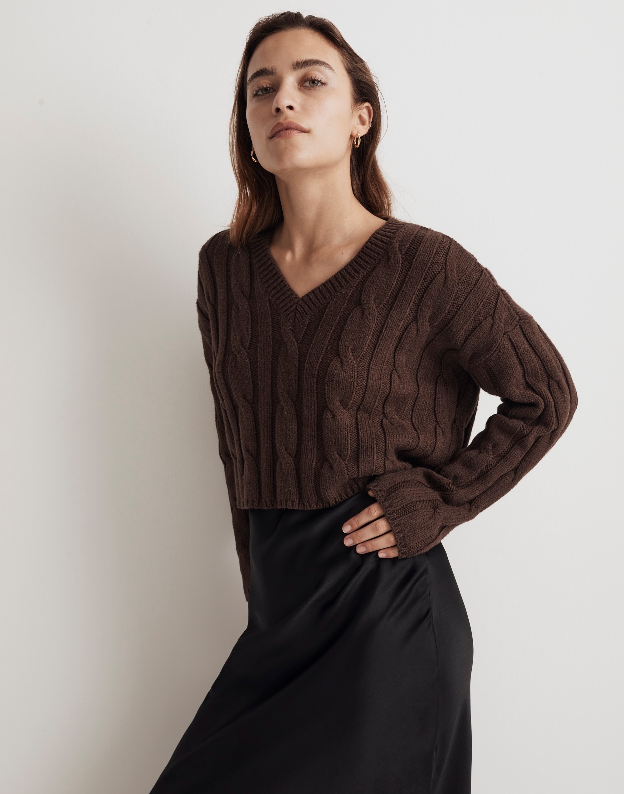 Cable-Knit V-Neck Crop Sweater