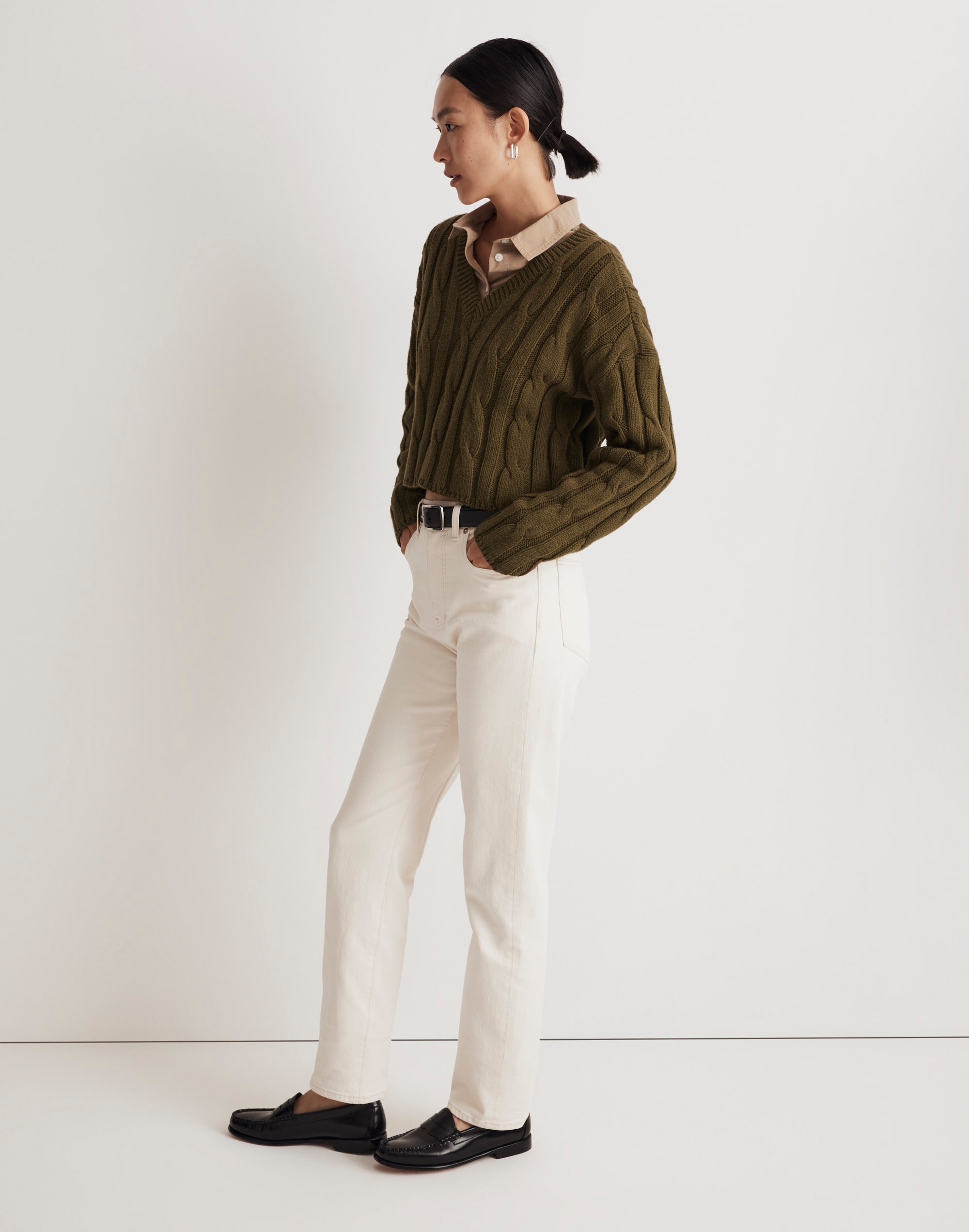 Cable-Knit V-Neck Crop Sweater