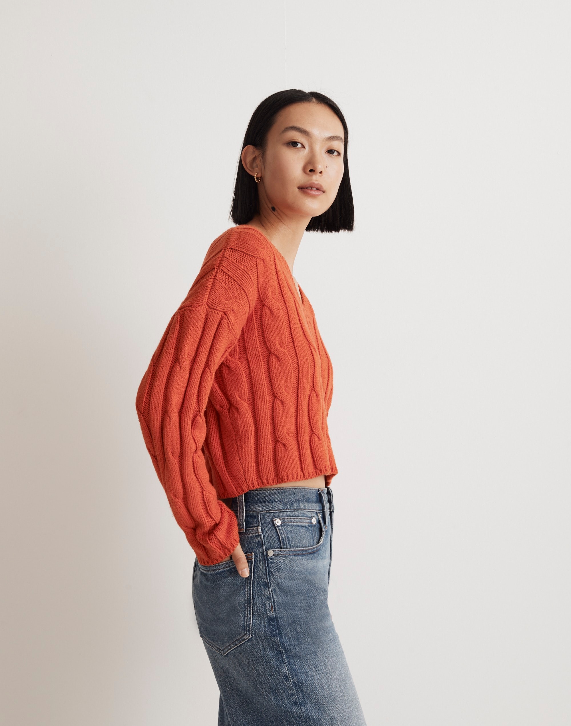 Cable-Knit V-Neck Crop Sweater