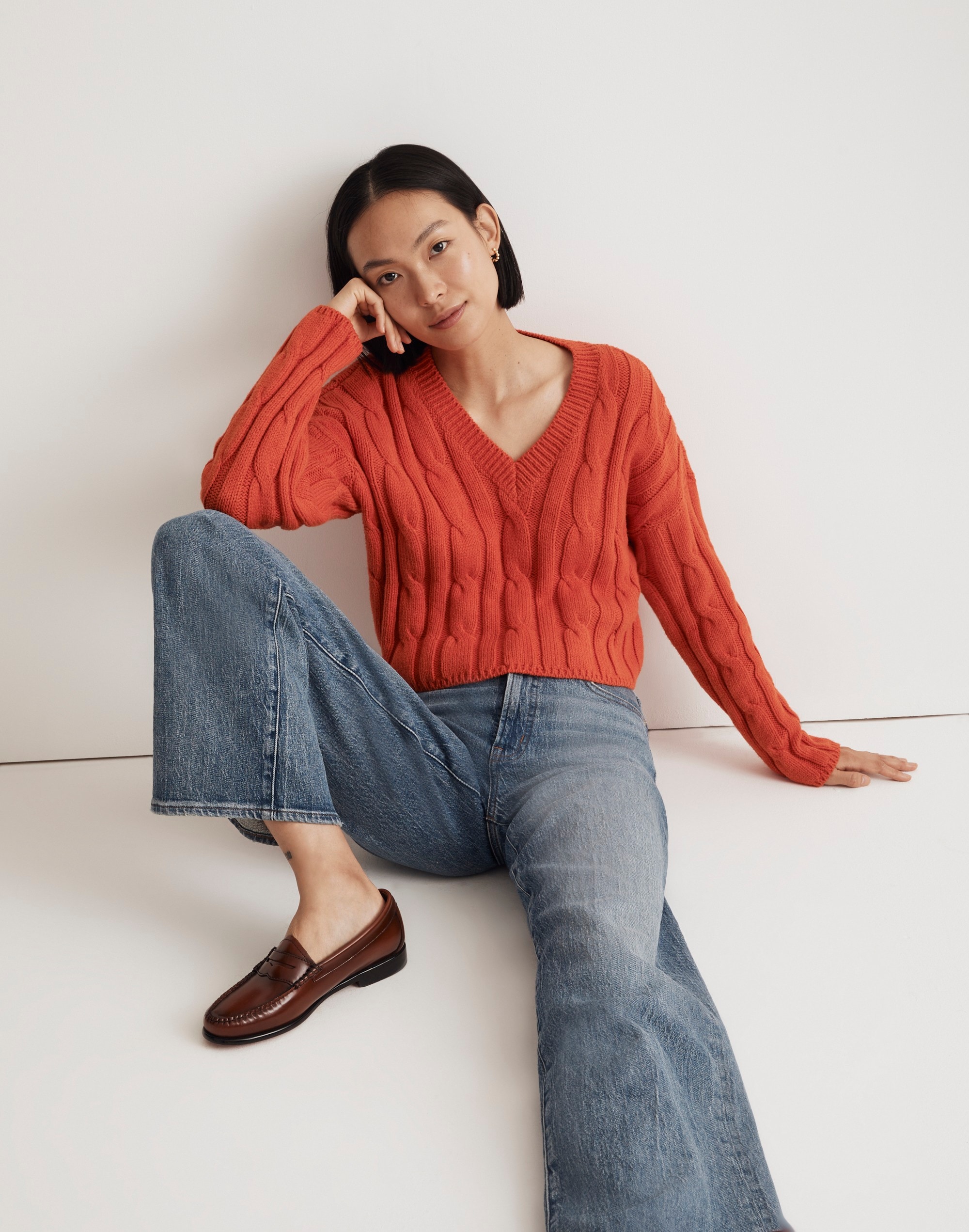 Cable-Knit V-Neck Crop Sweater