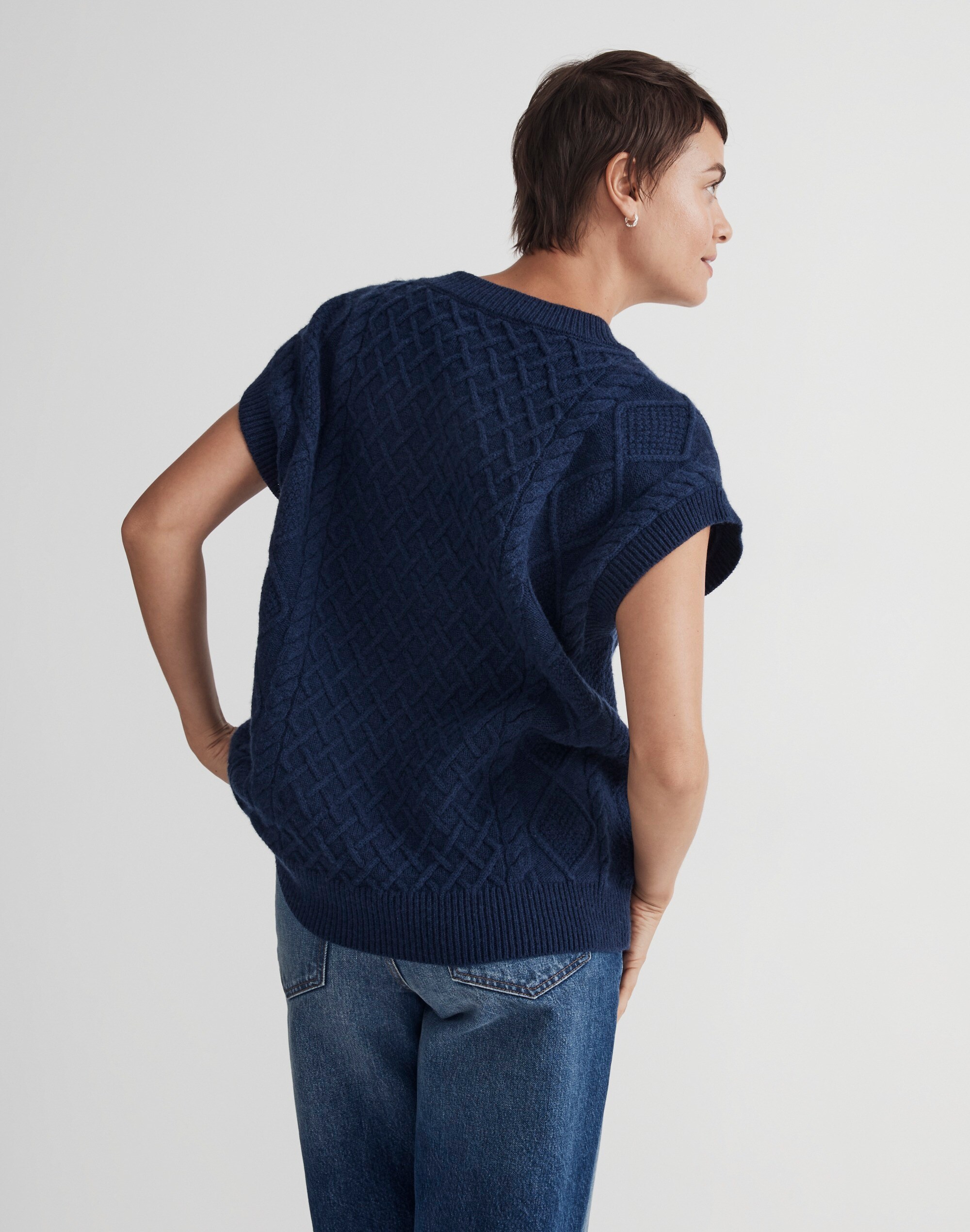 Cable-Knit V-Neck Sweater Vest in hthr indigo image 2