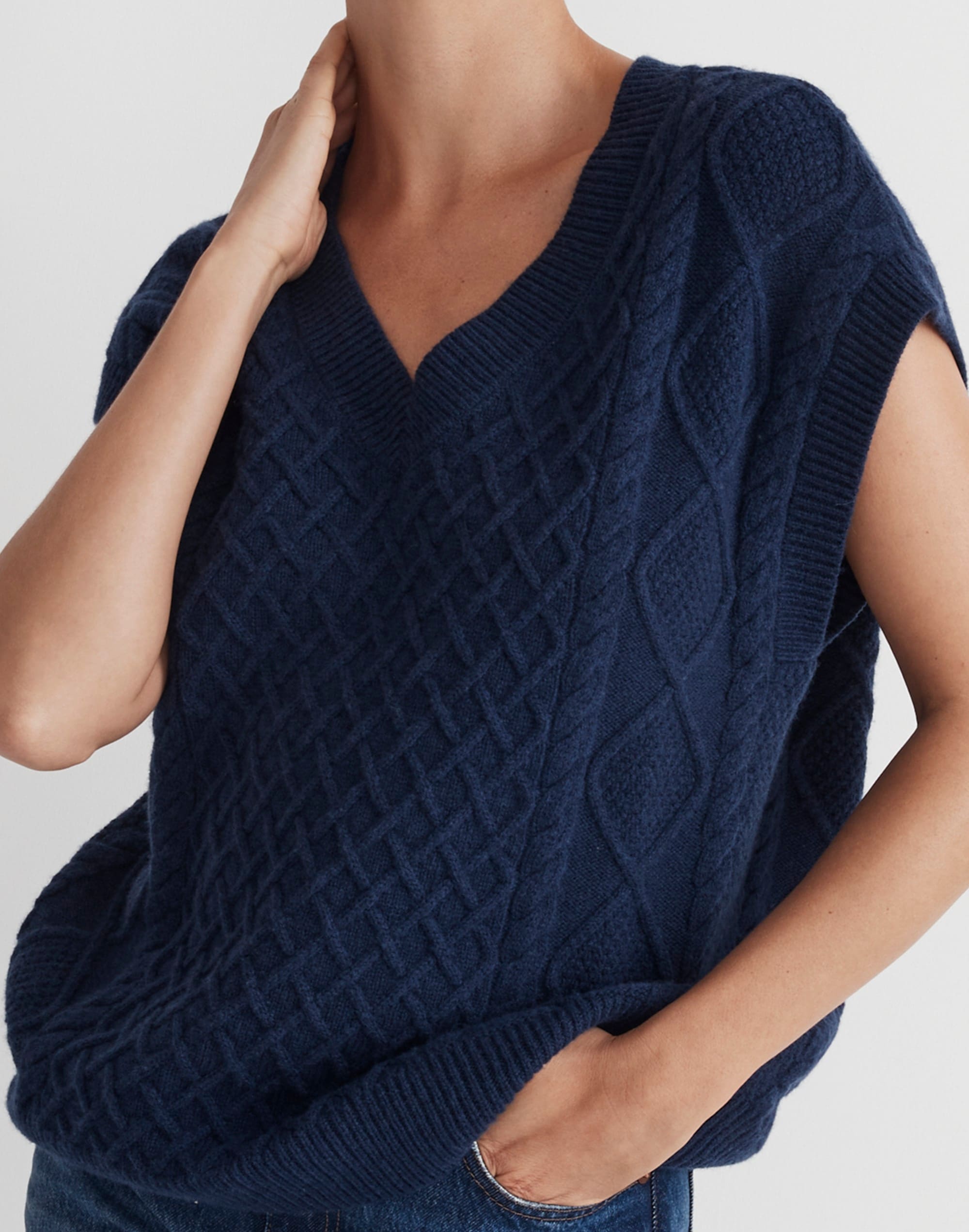 Cable-Knit V-Neck Sweater Vest in hthr indigo image 3