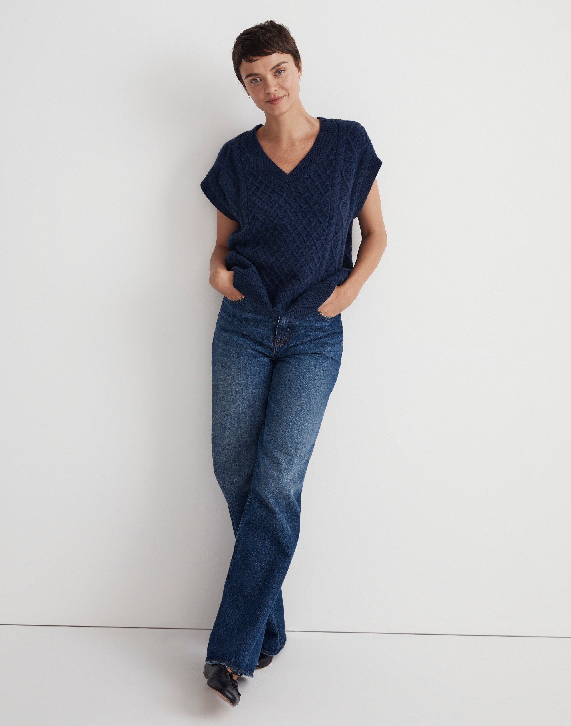 Cable-Knit V-Neck Sweater Vest in hthr indigo image 1