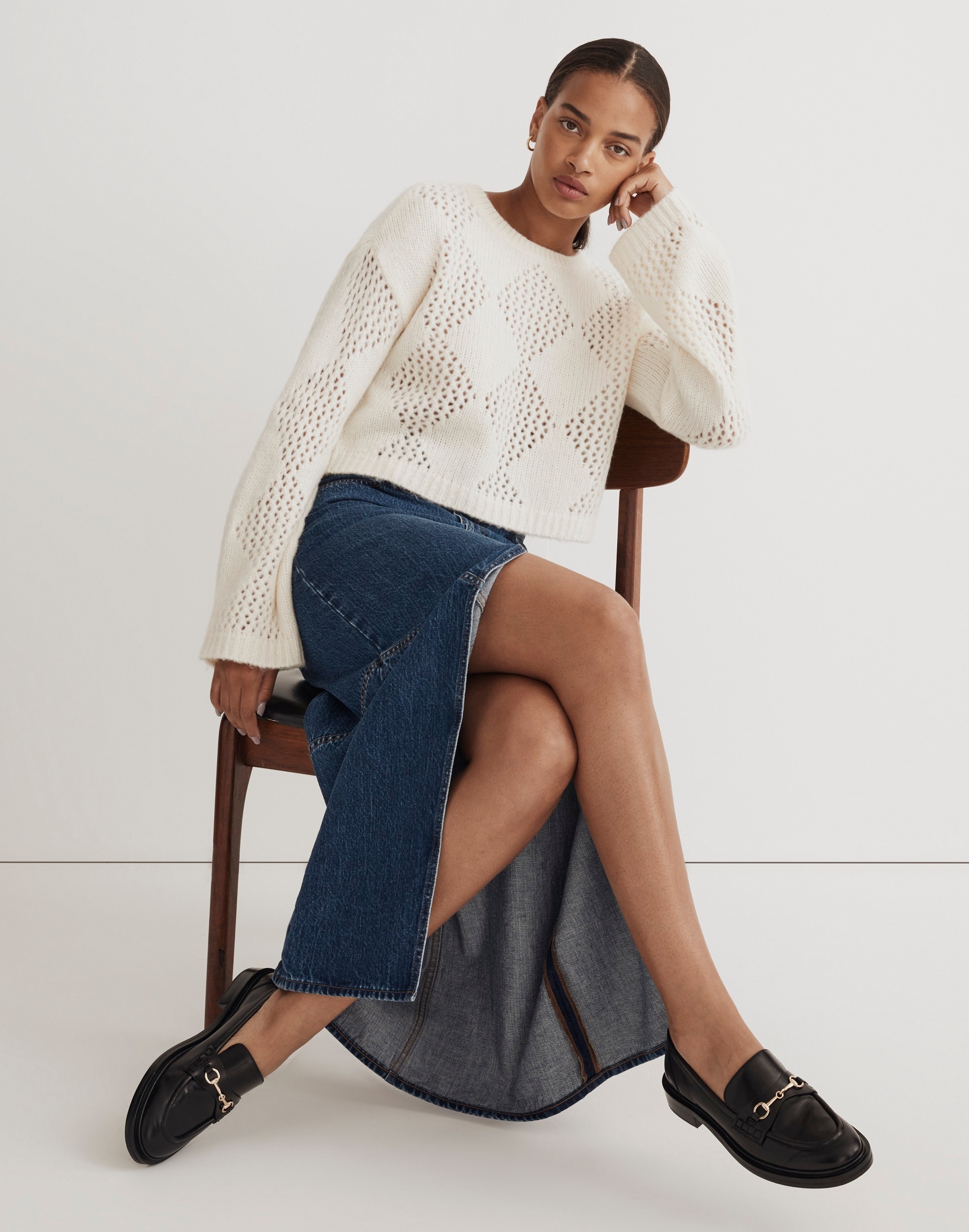 Diamond-Stitch Crewneck Crop Sweater