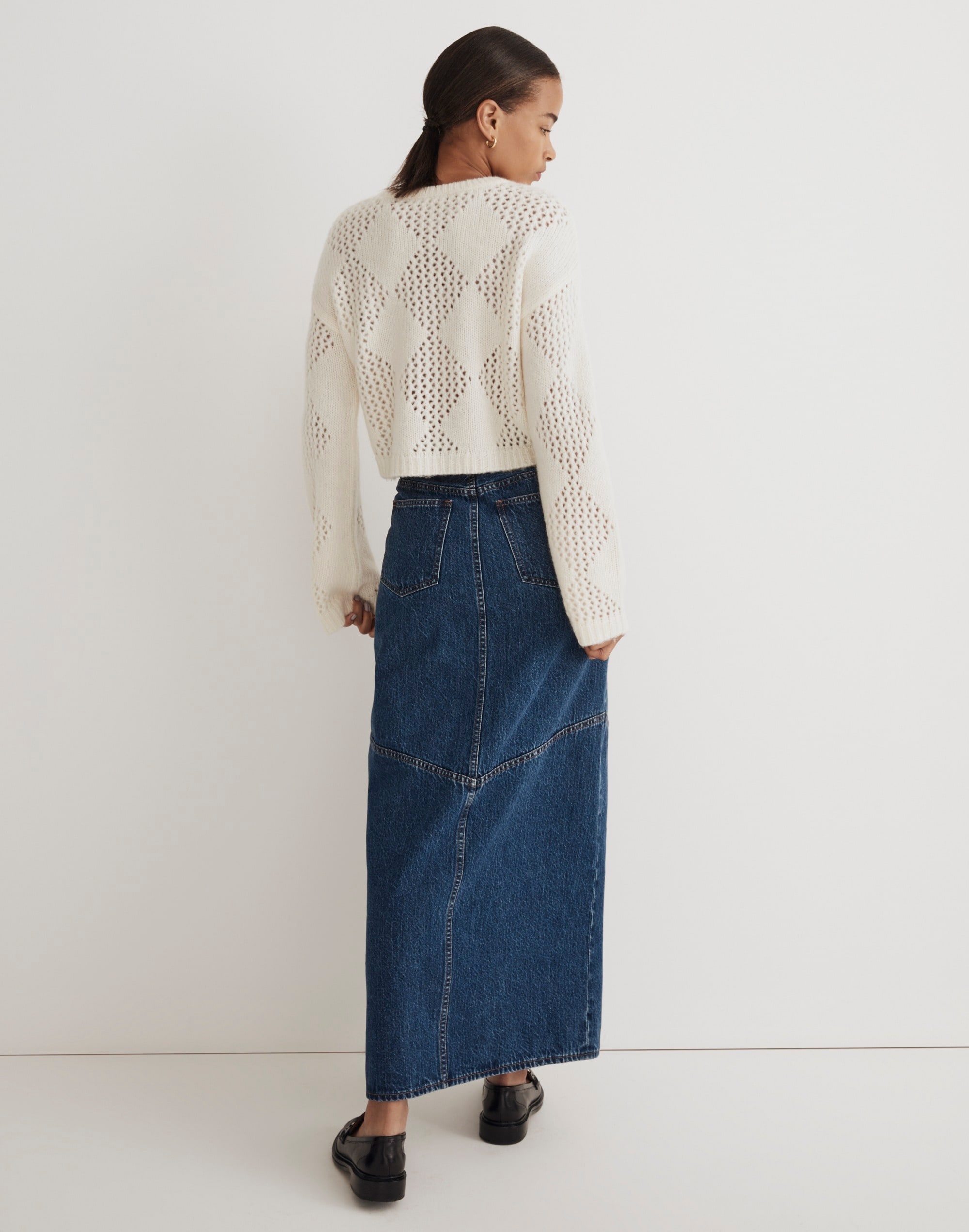 Diamond-Stitch Crewneck Crop Sweater