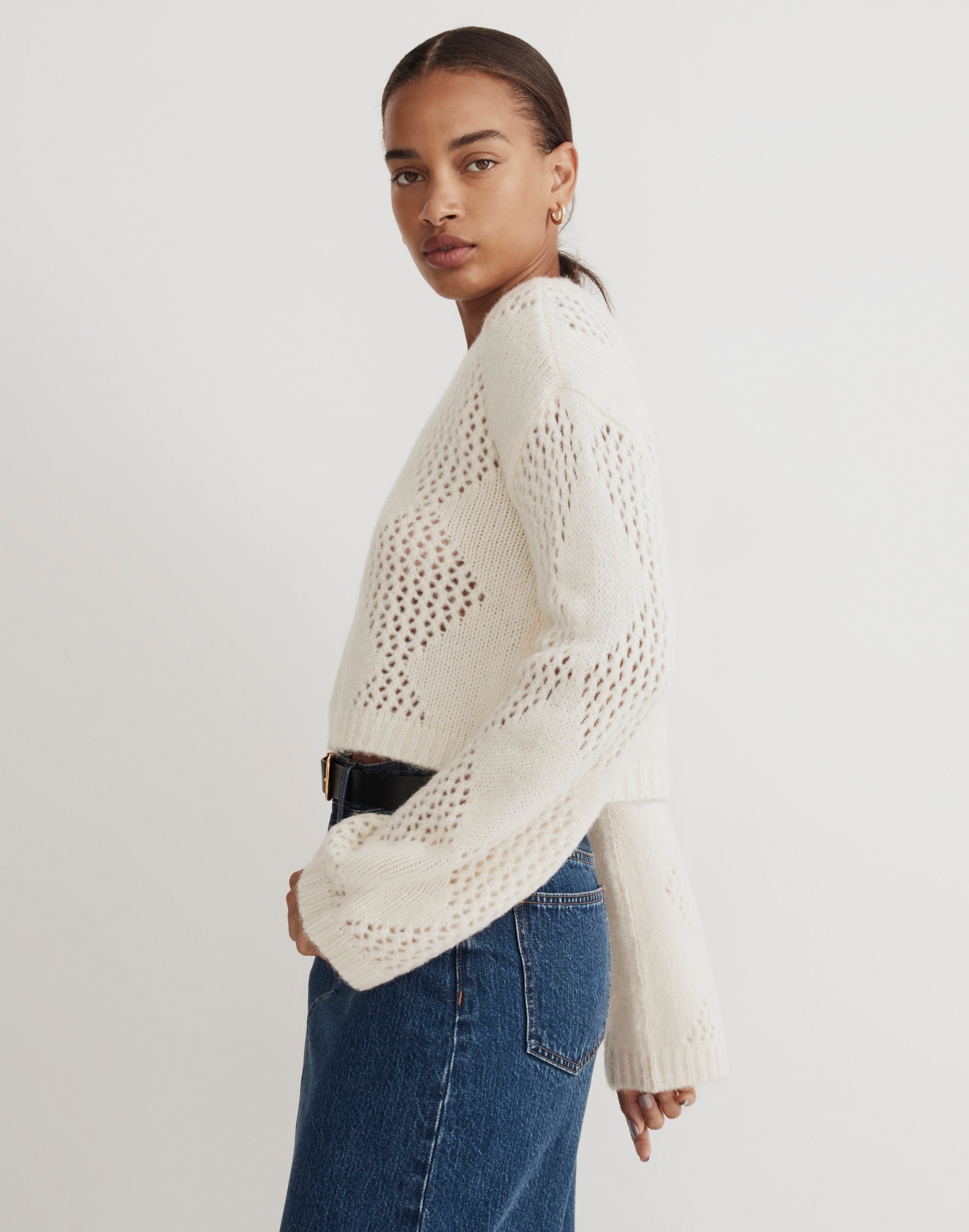 Diamond-Stitch Crewneck Crop Sweater