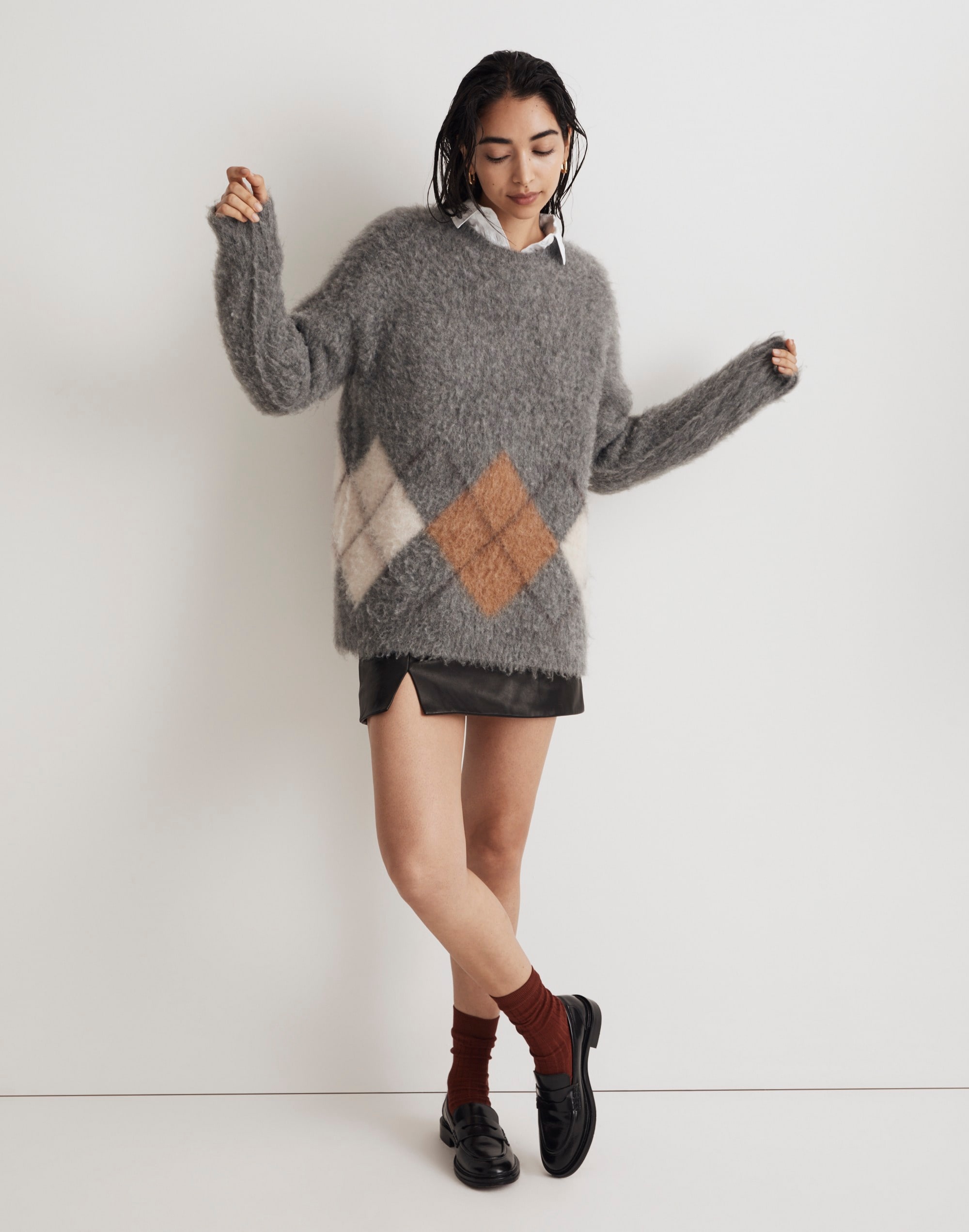 brushed argyle crewneck sweater