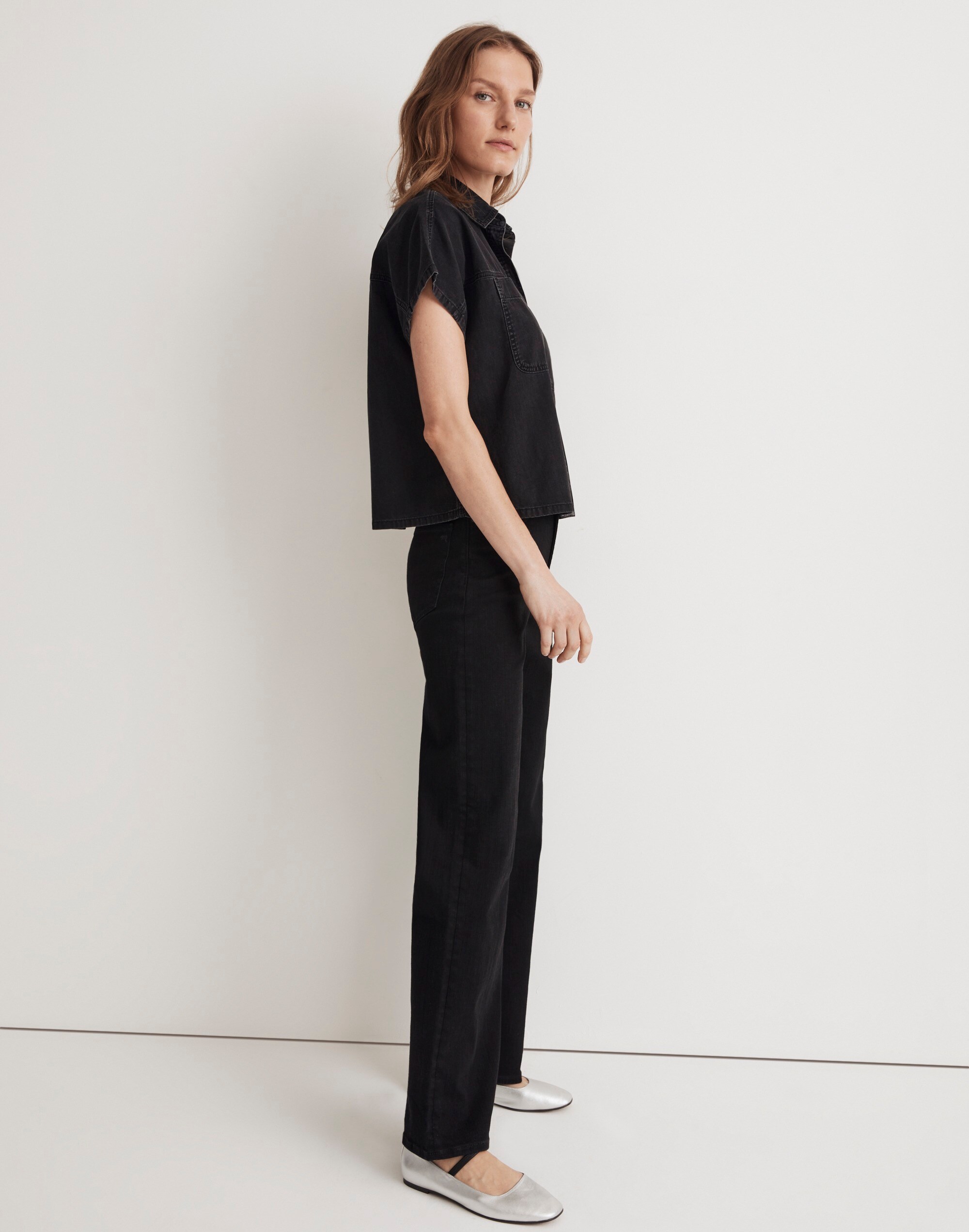 Denim Slanted-Yoke Crop Button-Up Shirt in Lunar Wash