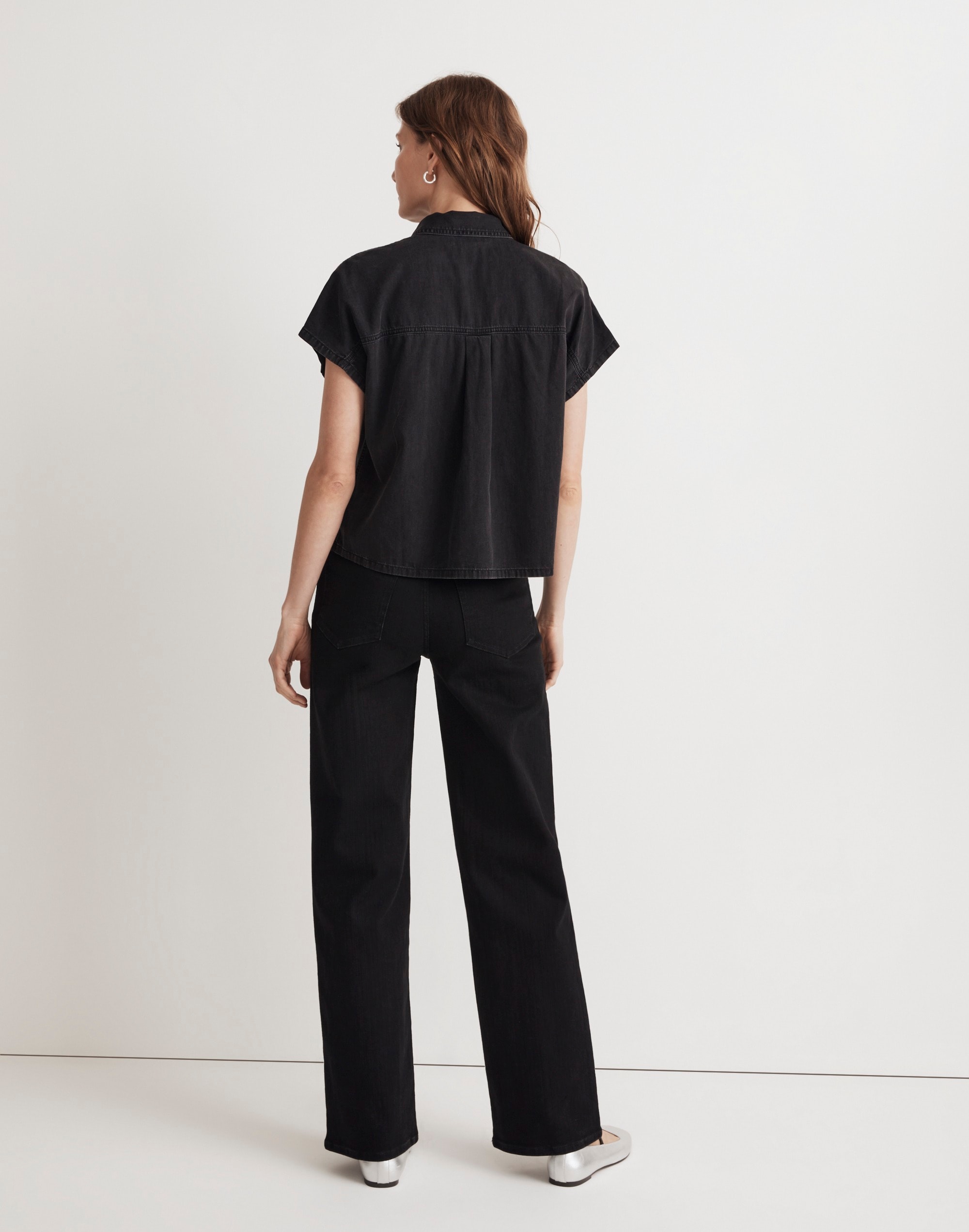 Denim Slanted-Yoke Crop Button-Up Shirt in Lunar Wash