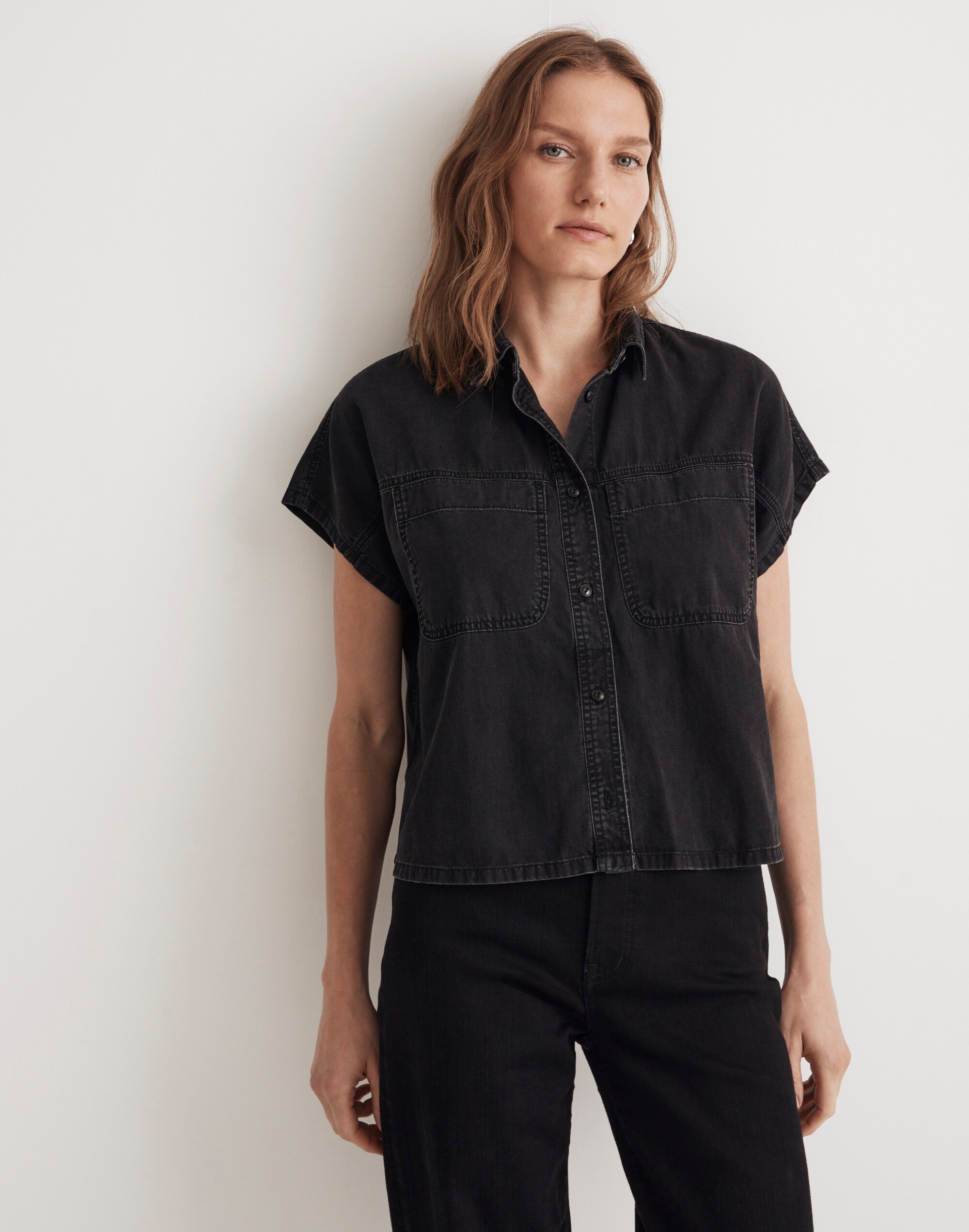 Denim Slanted-Yoke Crop Button-Up Shirt in Lunar Wash