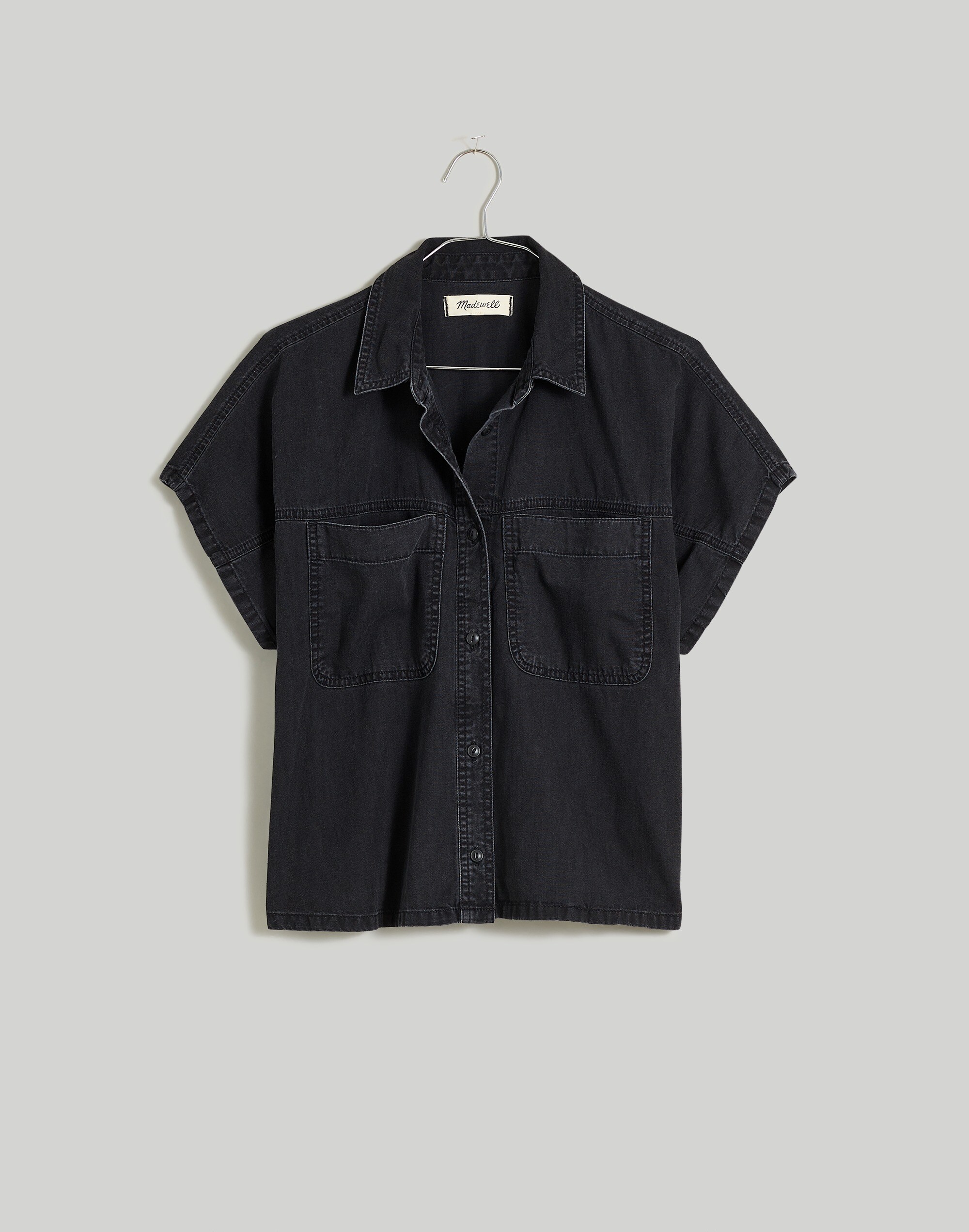 Denim Slanted-Yoke Crop Button-Up Shirt in Lunar Wash