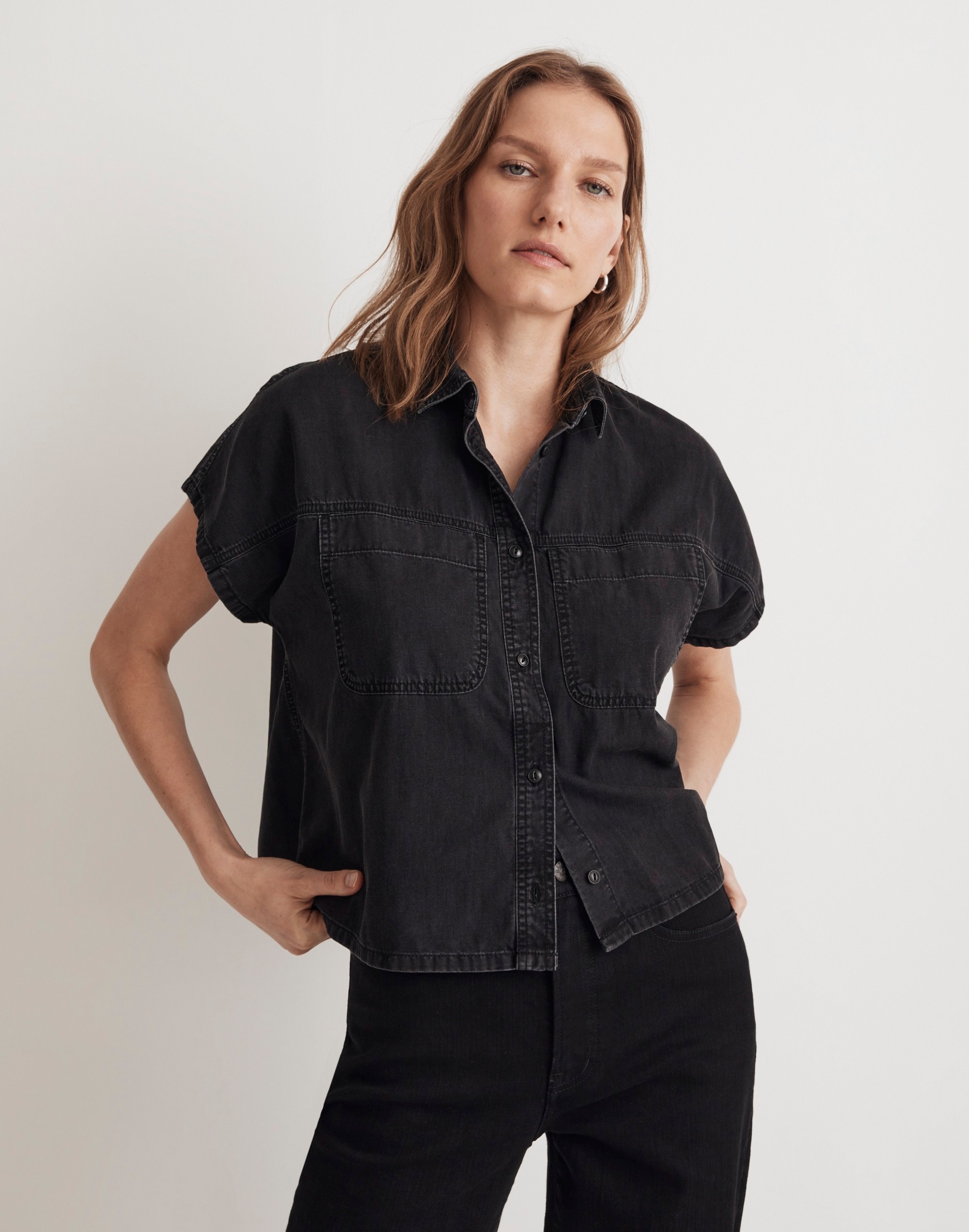 Denim Slanted-Yoke Crop Button-Up Shirt in Lunar Wash