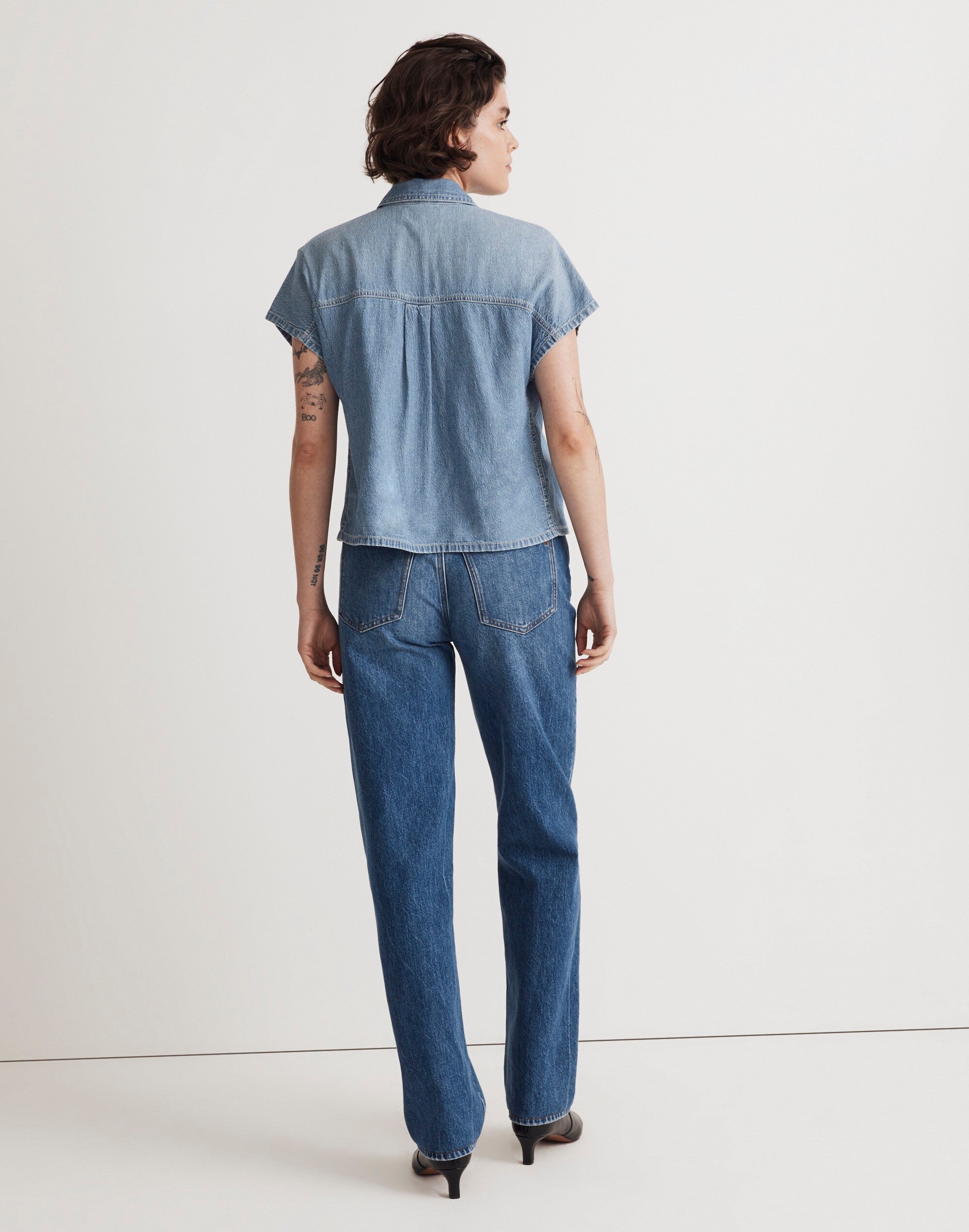 Denim Slanted-Yoke Crop Button-Up Shirt in Mardell Wash