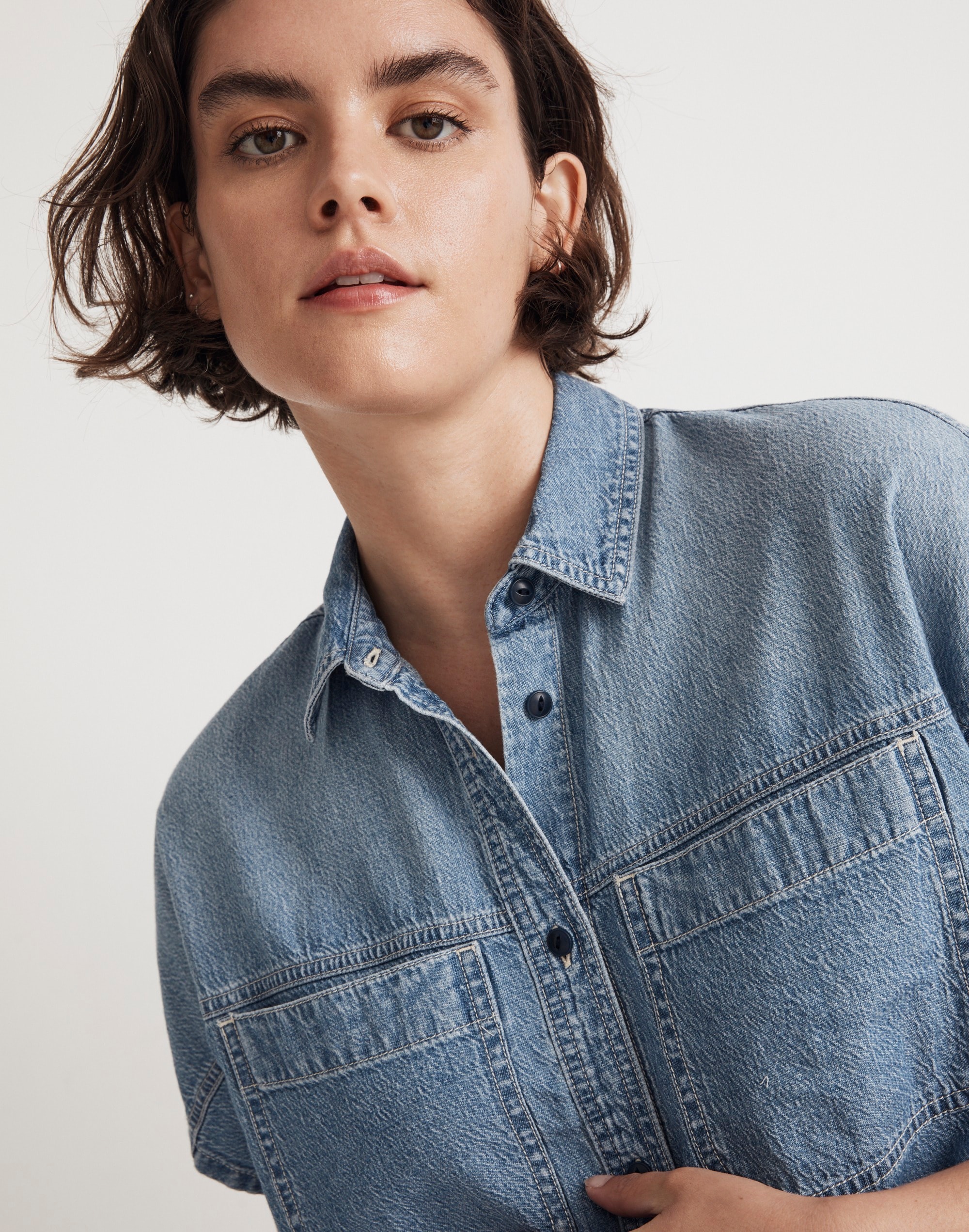 Denim Slanted-Yoke Crop Button-Up Shirt in Mardell Wash