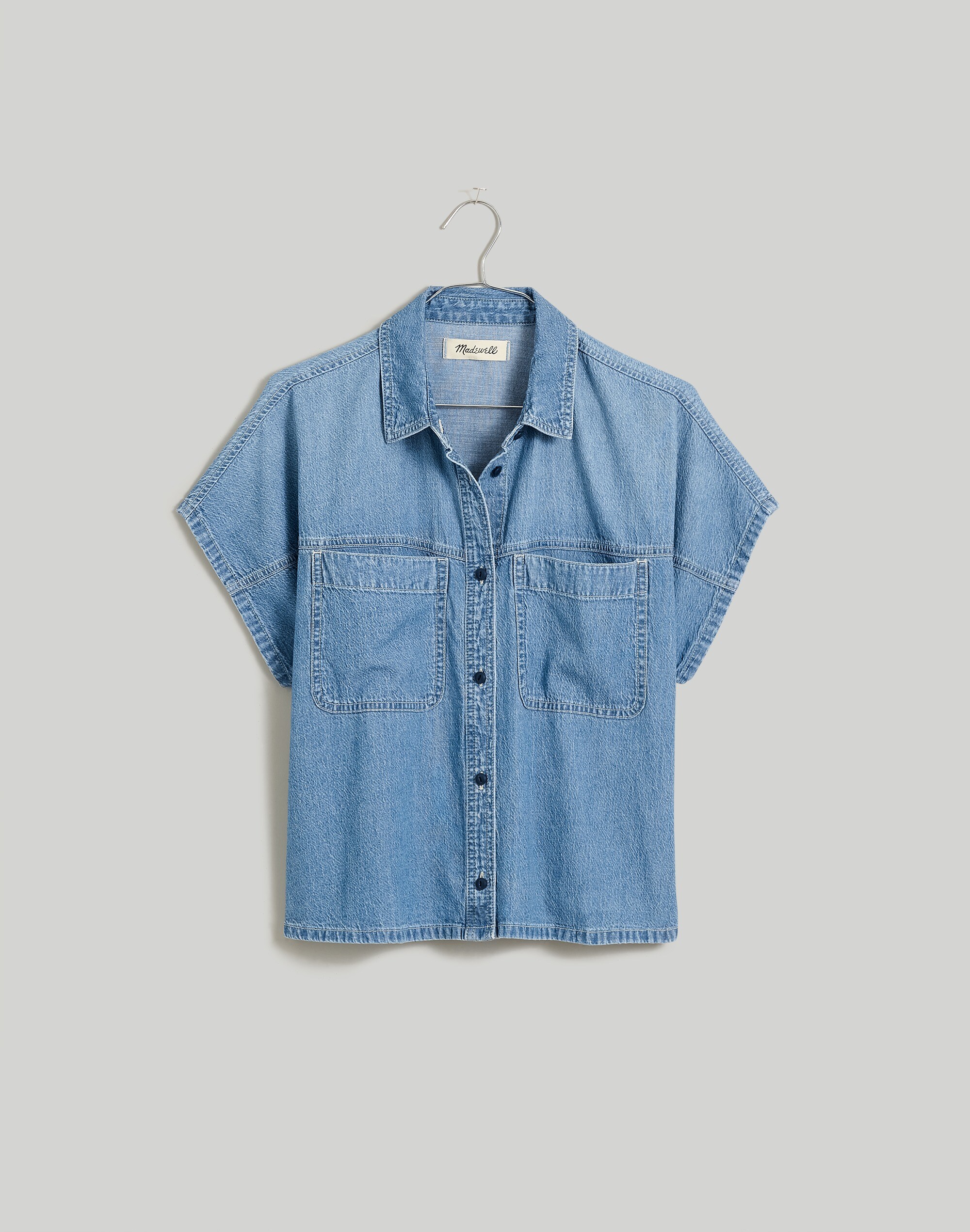 Denim Slanted-Yoke Crop Button-Up Shirt in Mardell Wash