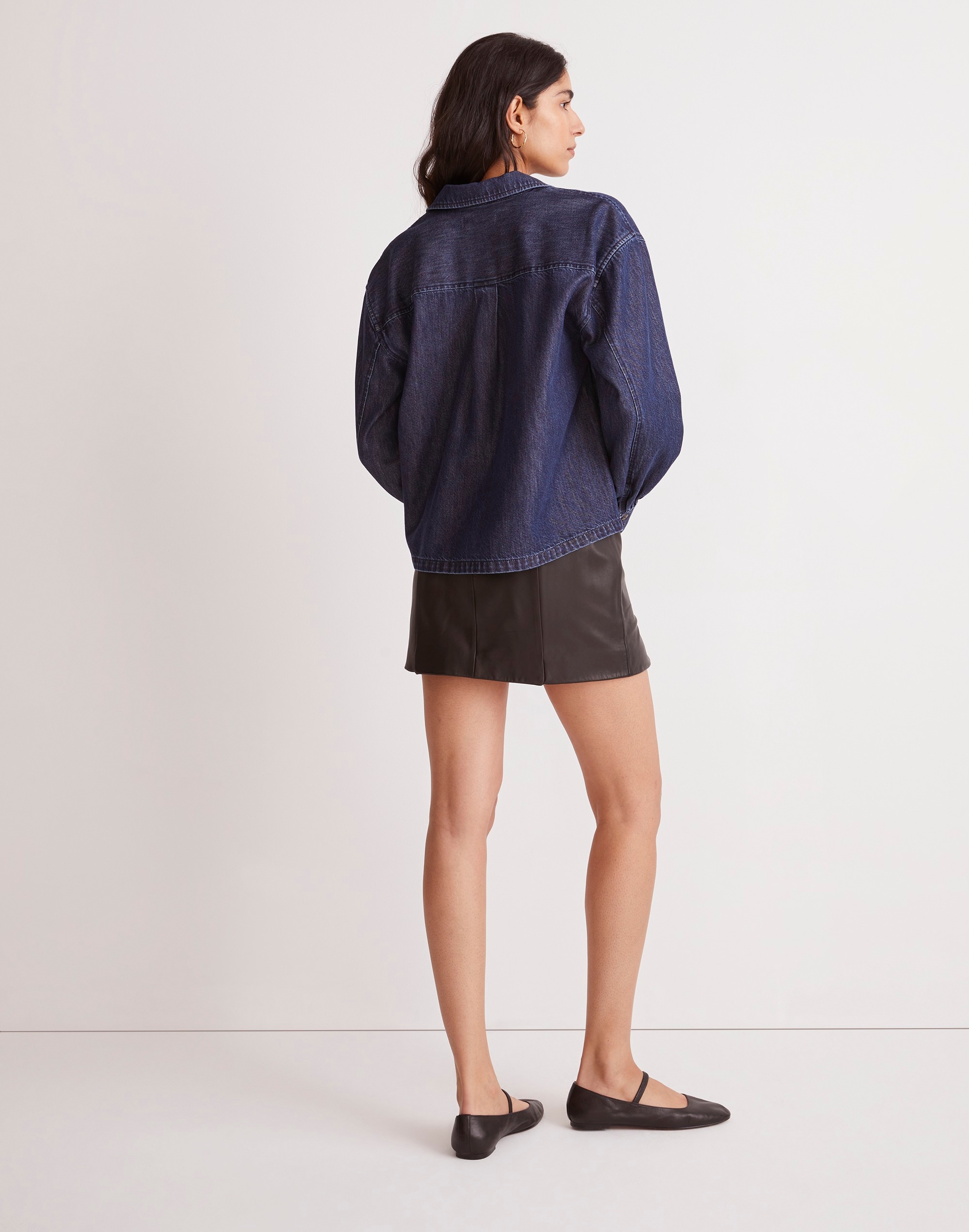 Denim Puff-Sleeve Button-Up Shirt in Bowers Wash