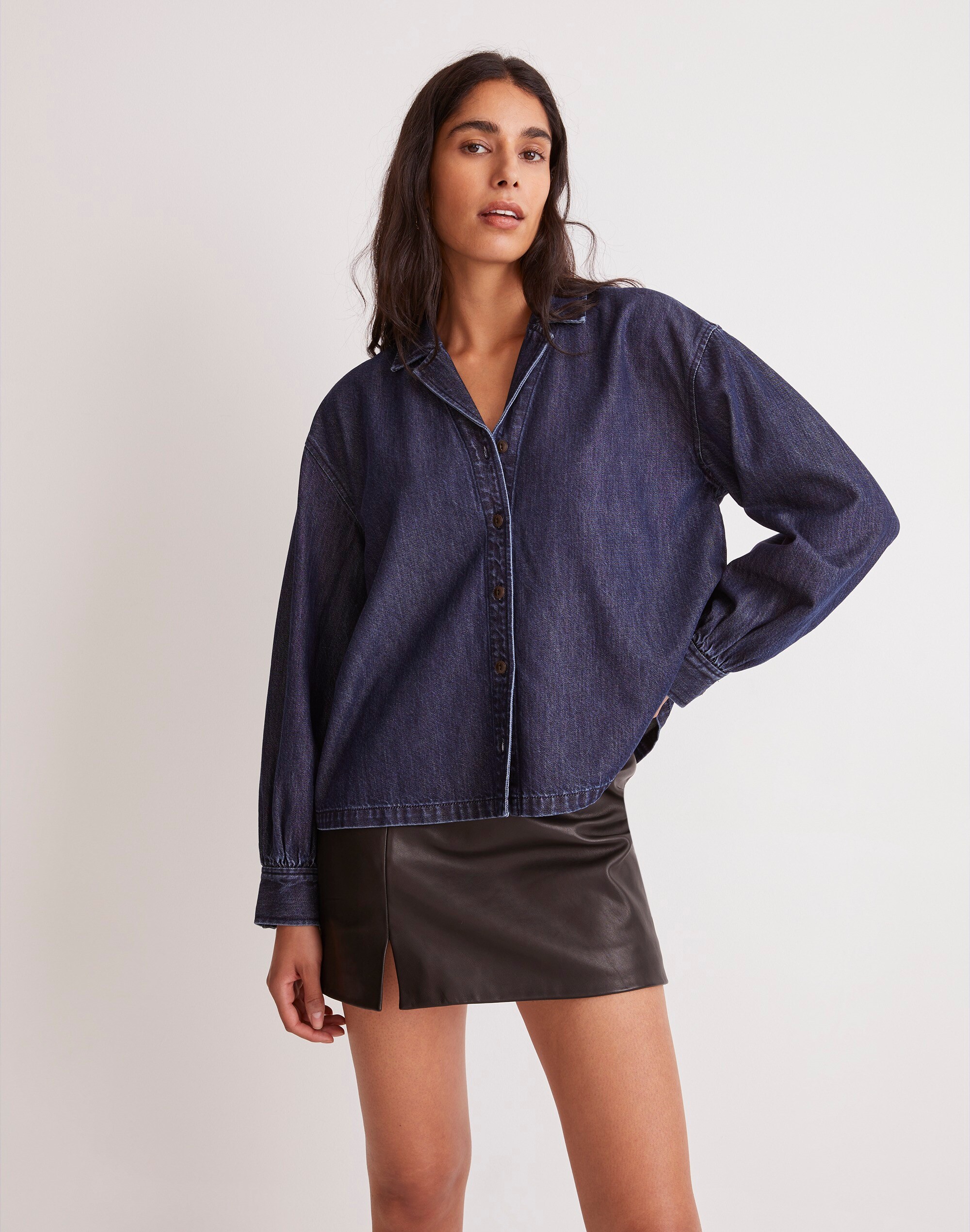 Denim Puff-Sleeve Button-Up Shirt in Bowers Wash