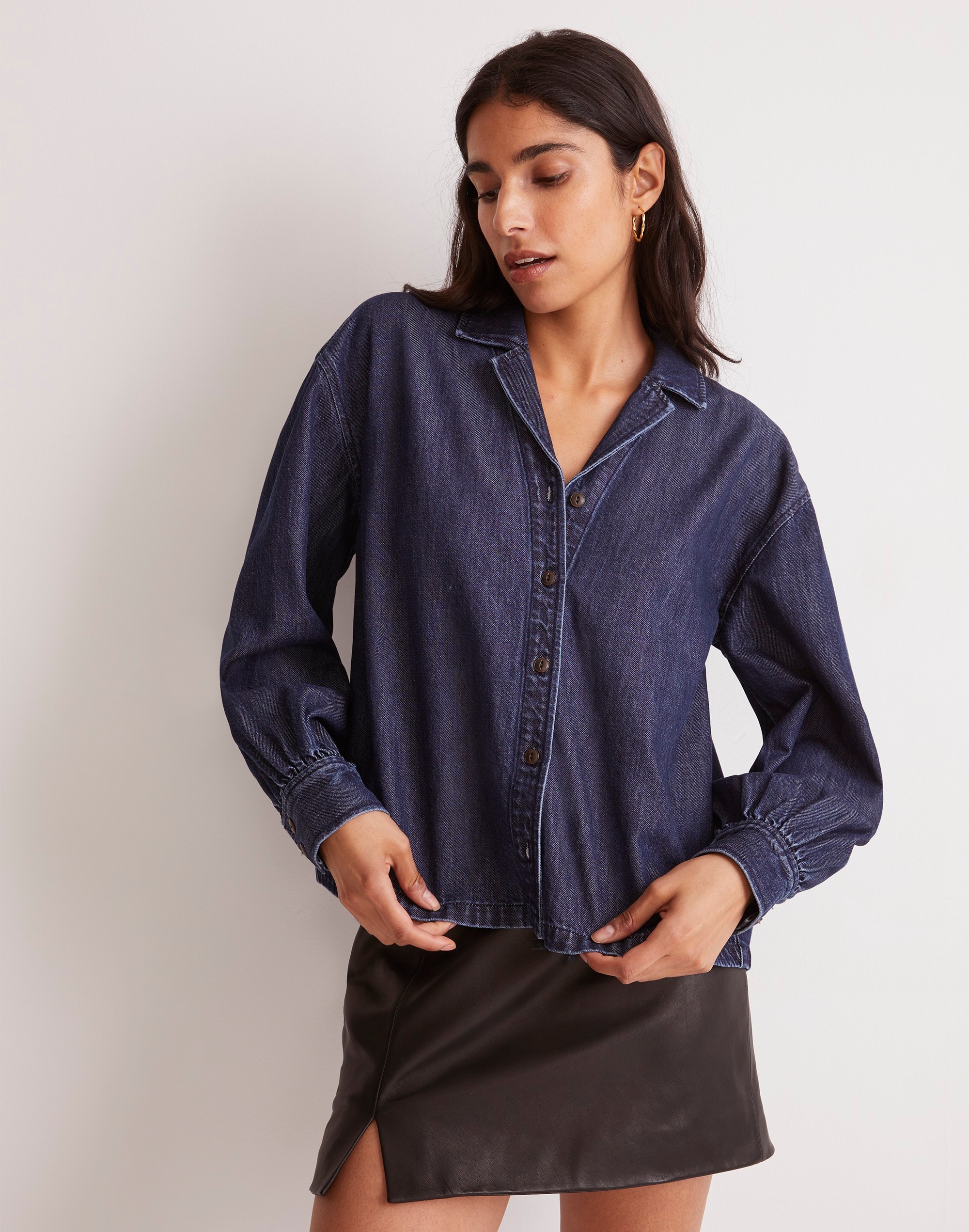 Denim Puff-Sleeve Button-Up Shirt in Bowers Wash