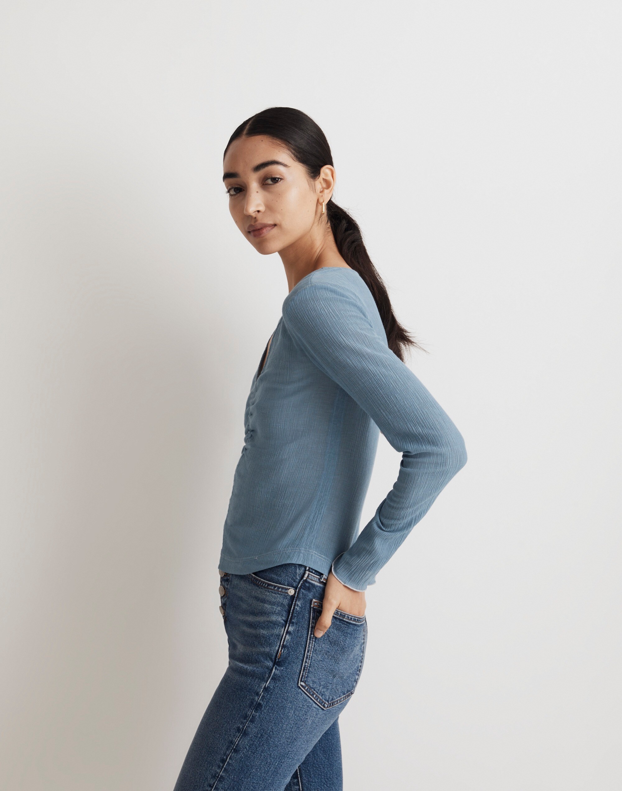 Semi-Sheer Shirred V-Neck Top