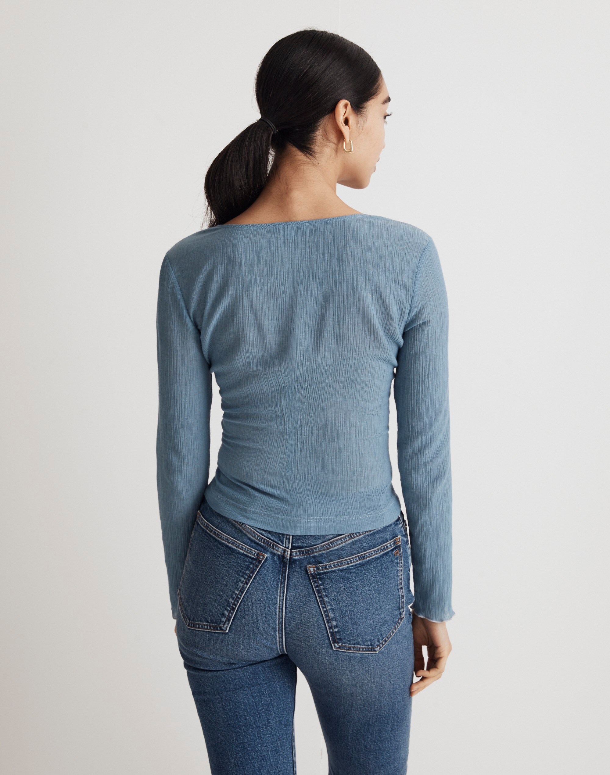 Semi-Sheer Shirred V-Neck Top