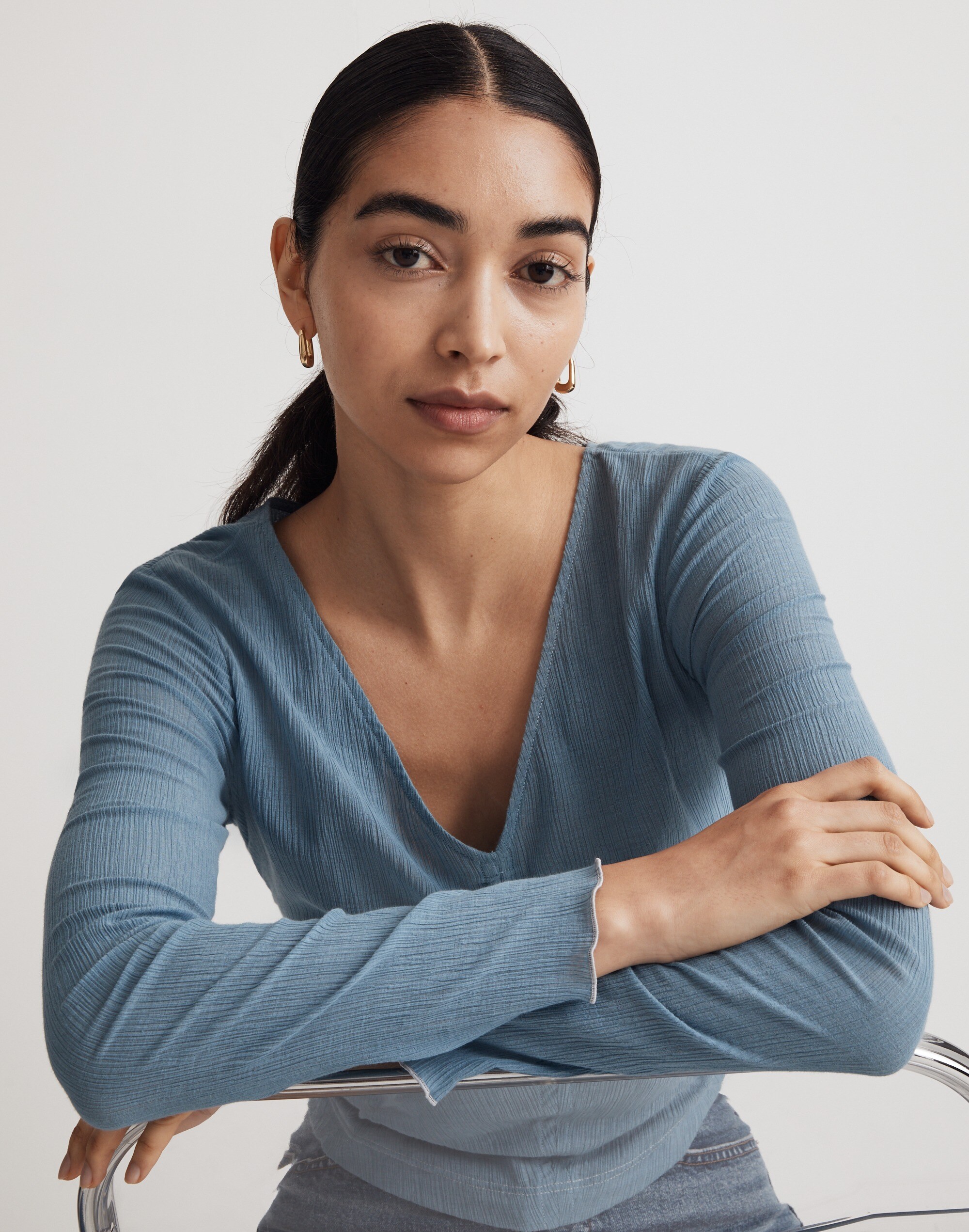 Semi-Sheer Shirred V-Neck Top