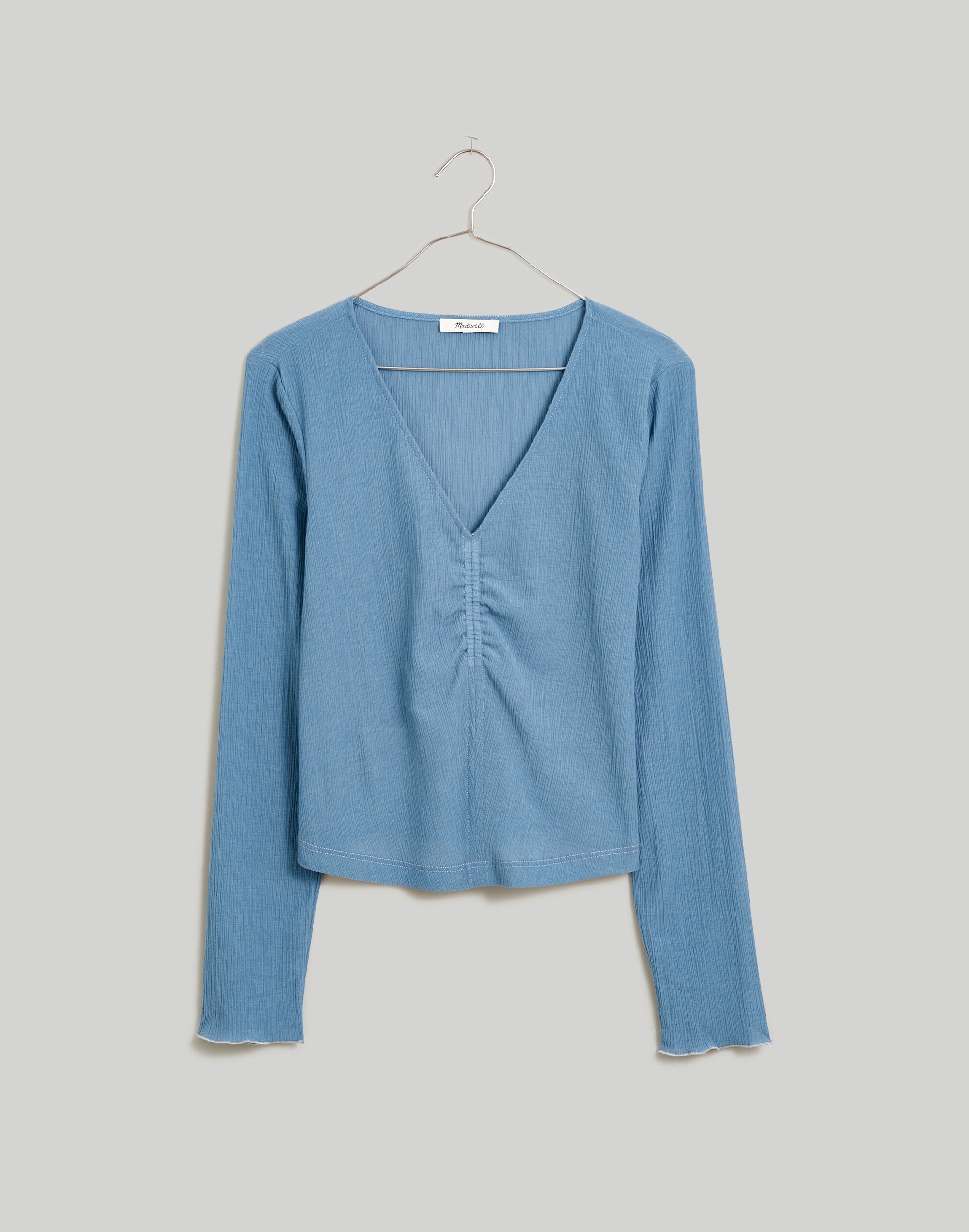 Semi-Sheer Shirred V-Neck Top