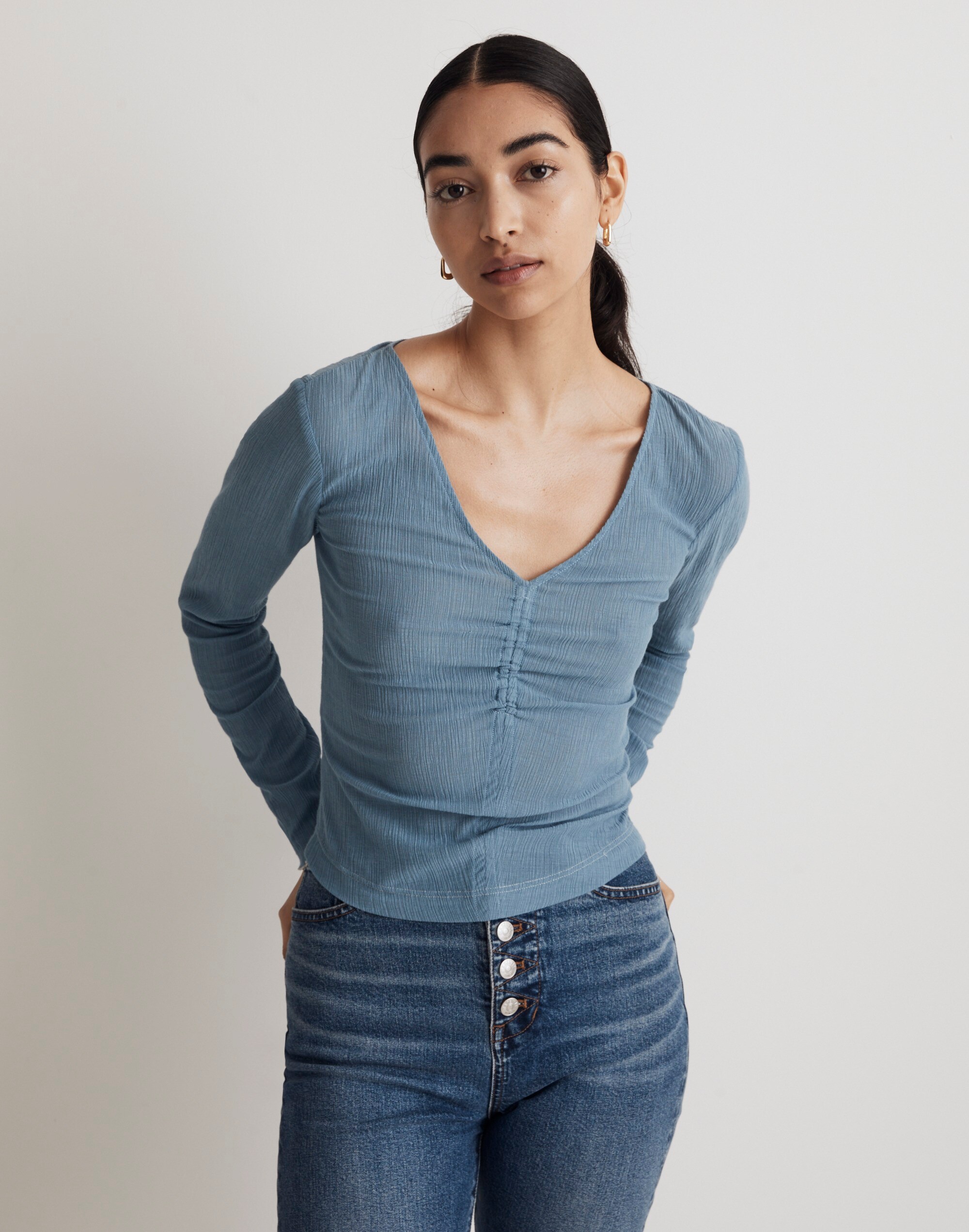 Semi-Sheer Shirred V-Neck Top