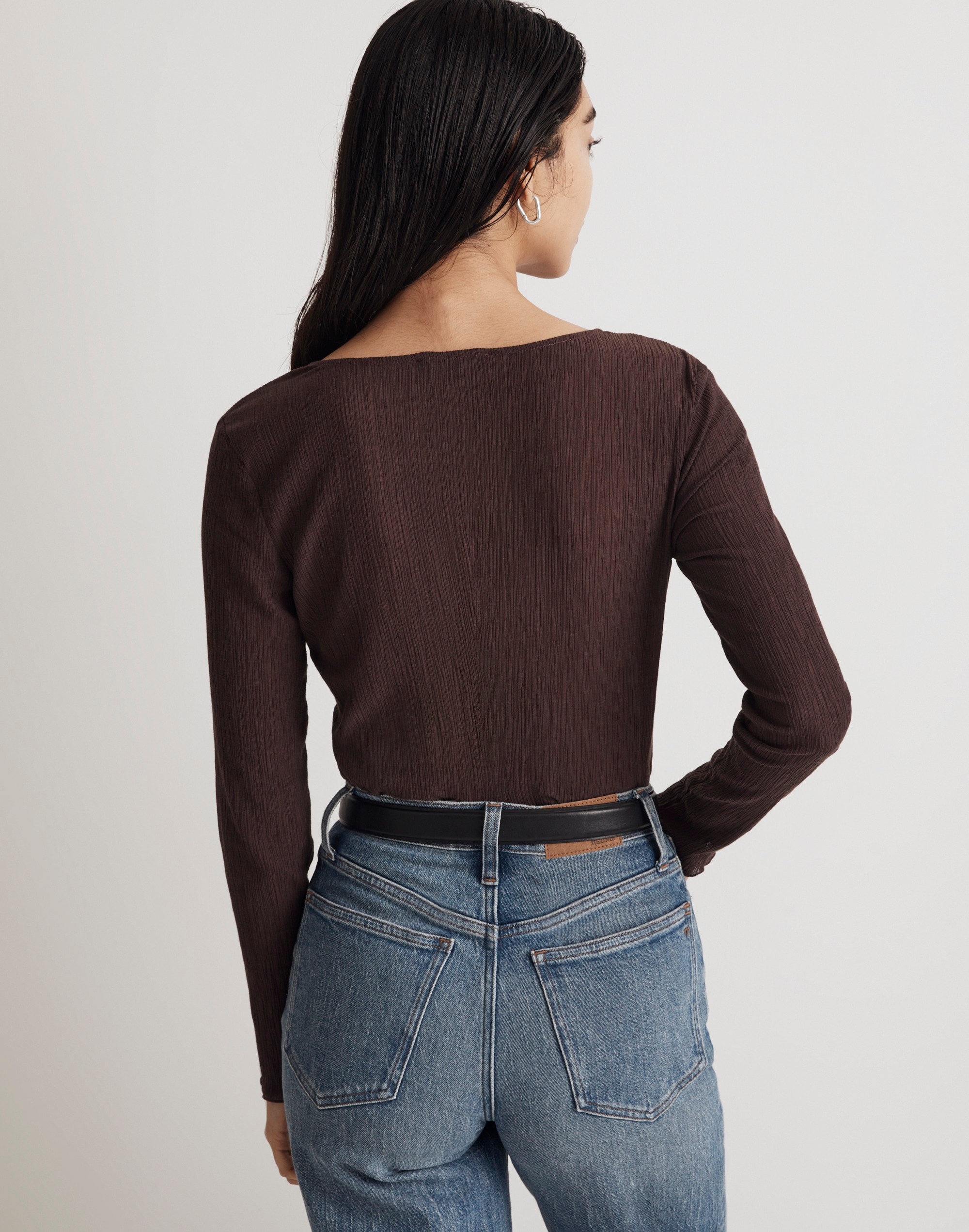 Semi-Sheer Shirred V-Neck Top