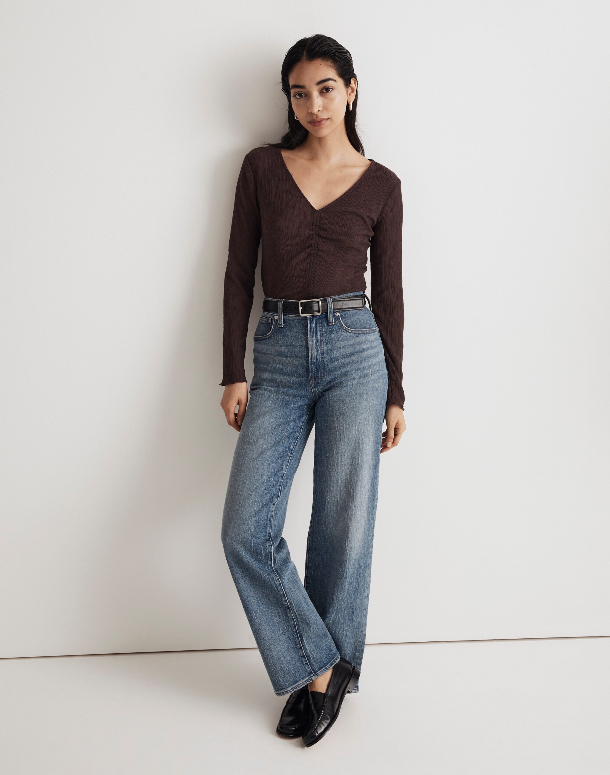 Semi-Sheer Shirred V-Neck Top