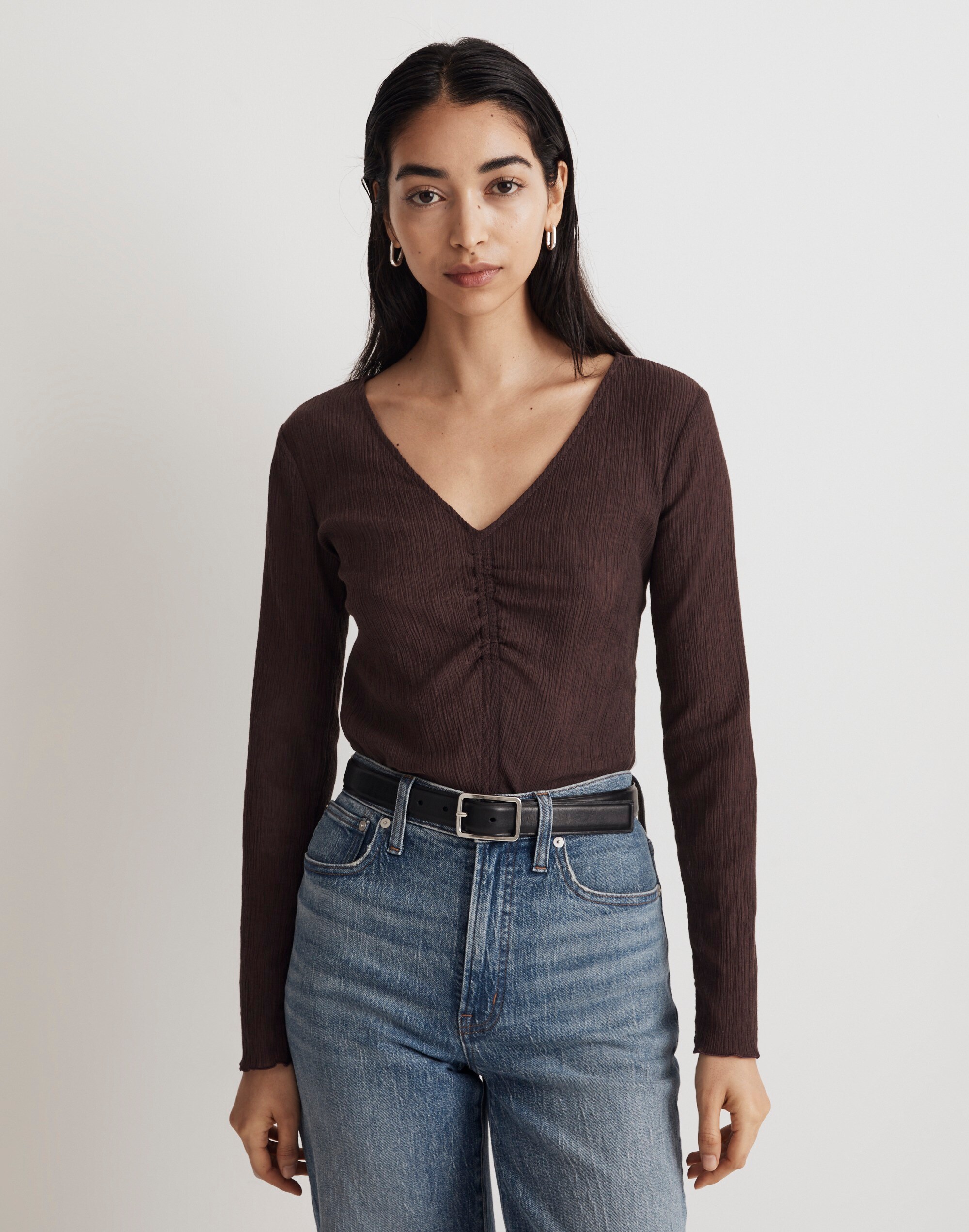 Semi-Sheer Shirred V-Neck Top