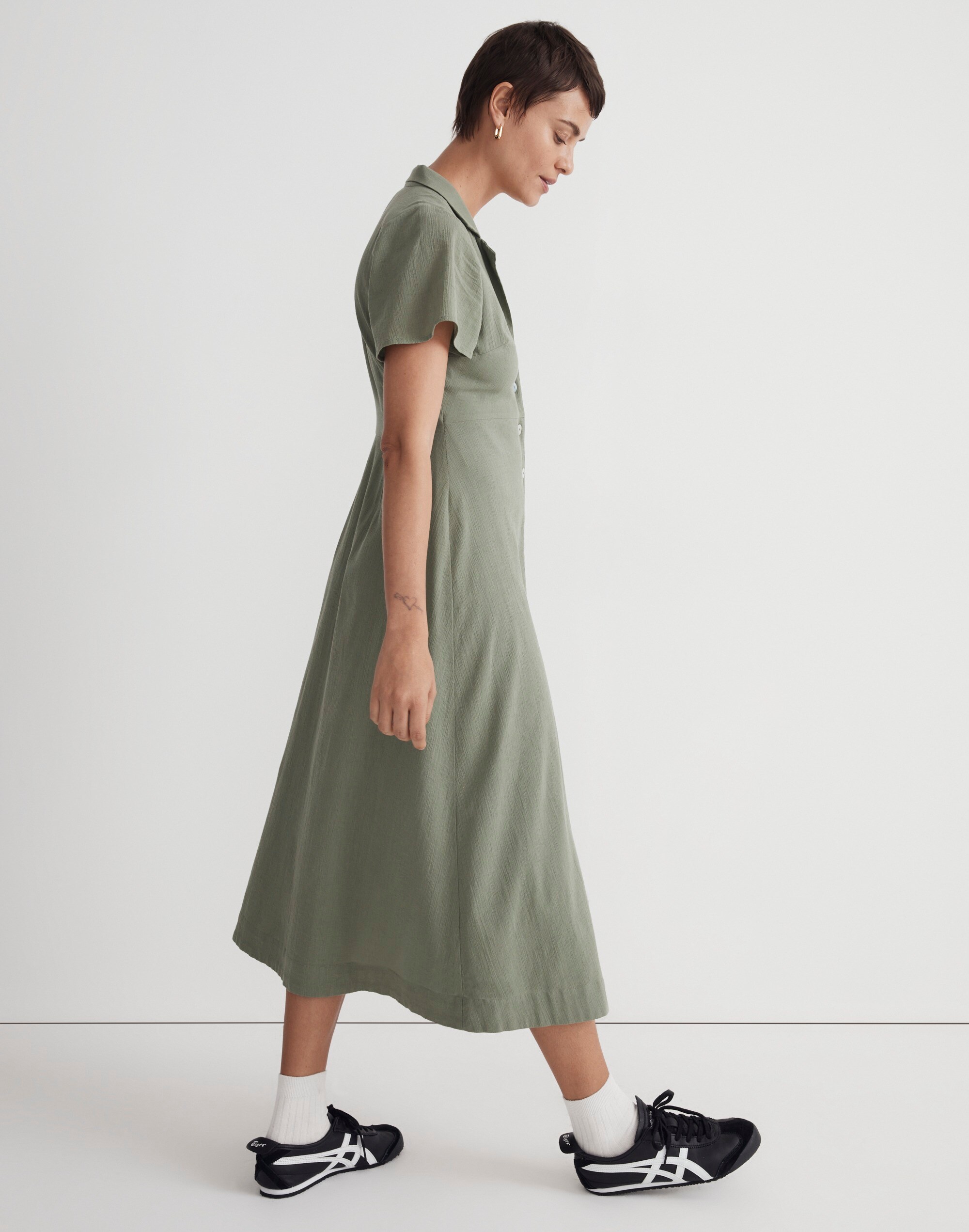 Crinkle Cotton Button-Front Midi Dress