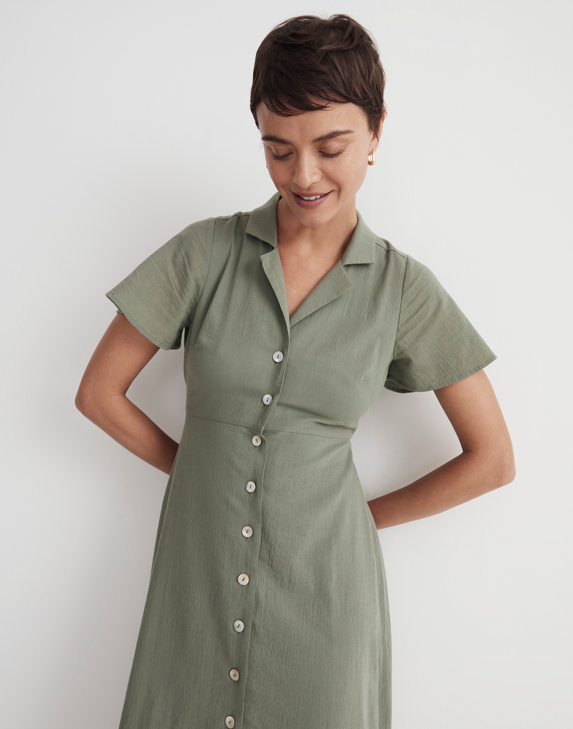 Crinkle Cotton Button-Front Midi Dress