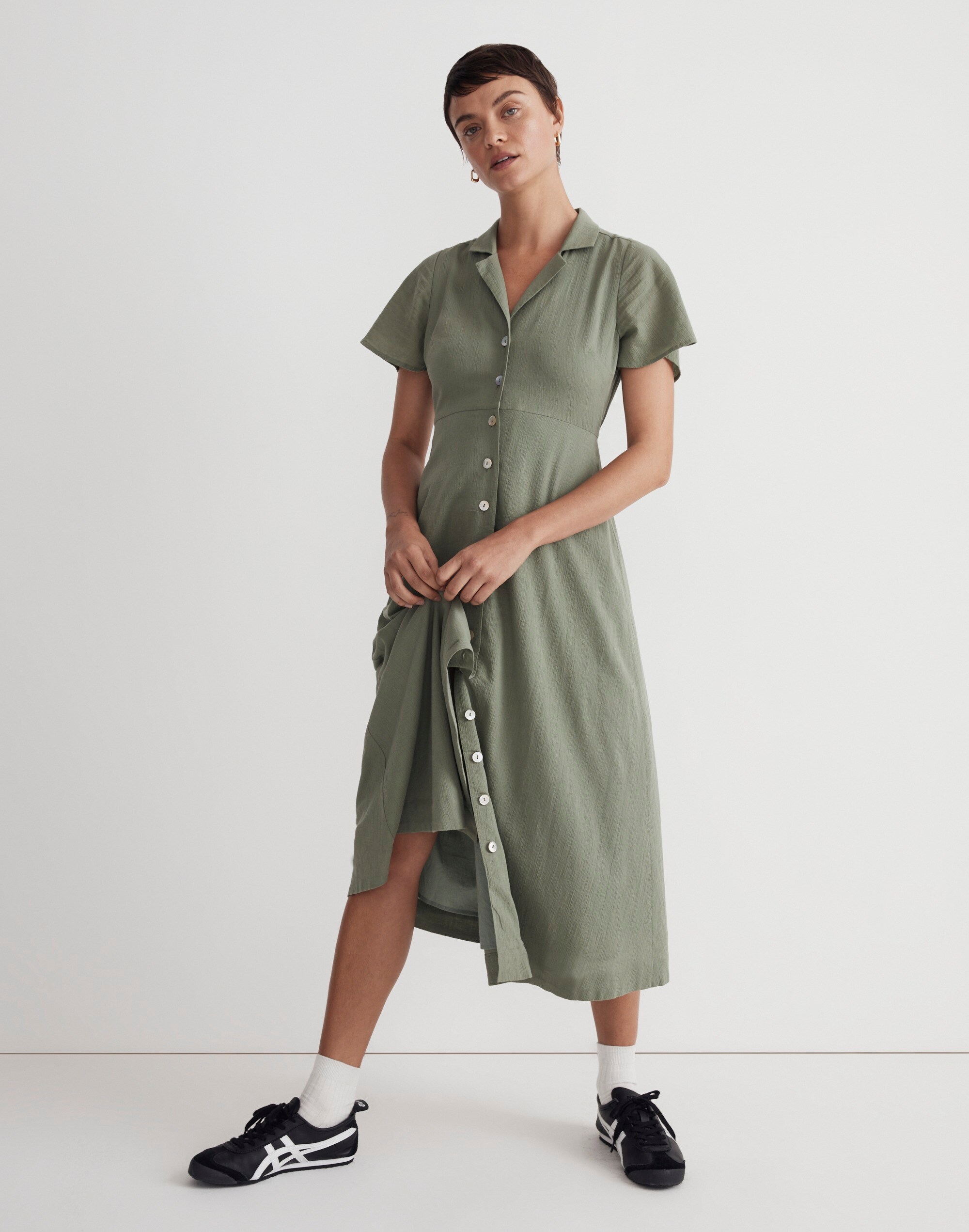 Crinkle Cotton Button-Front Midi Dress