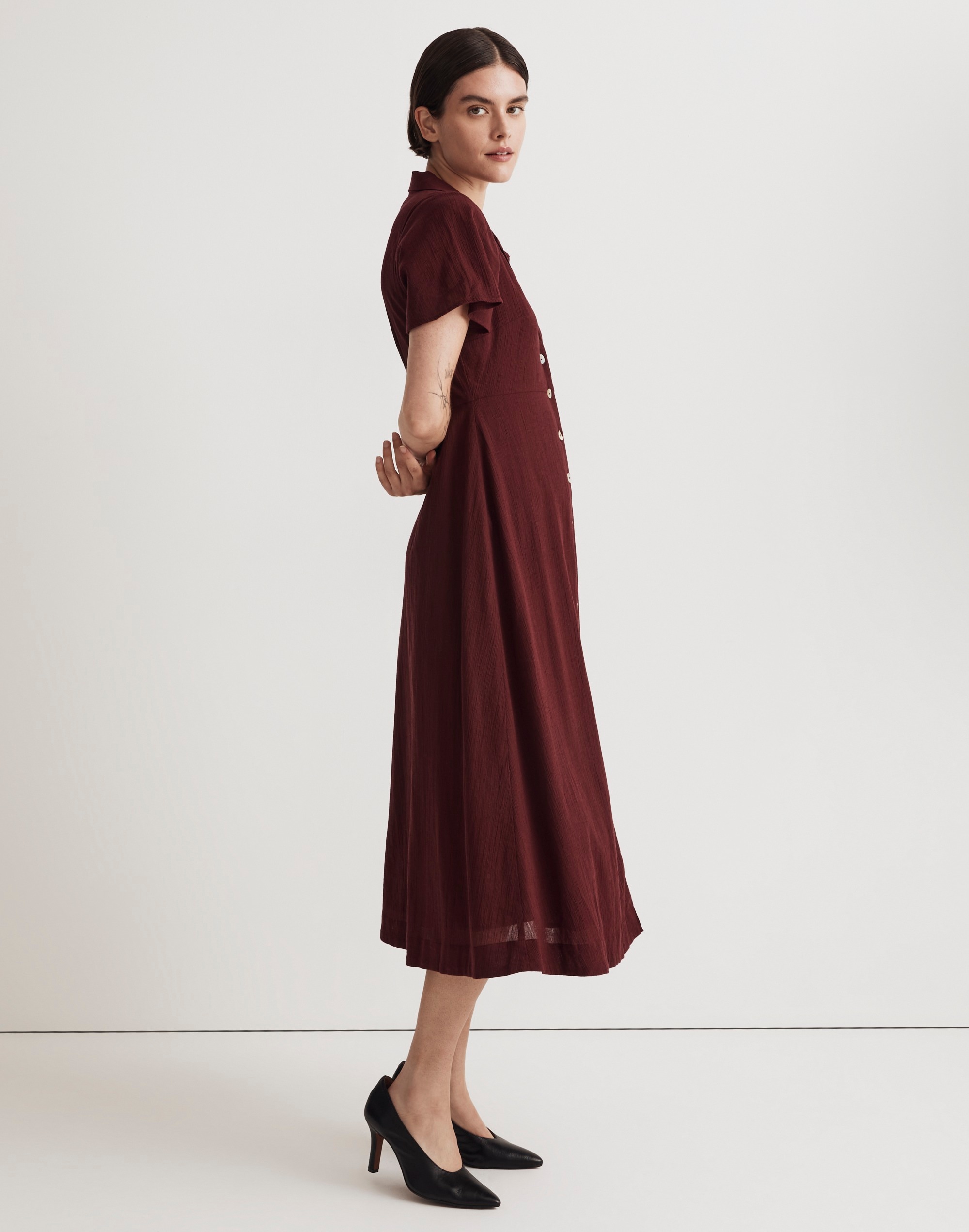 Crinkle Cotton Button-Front Midi Dress