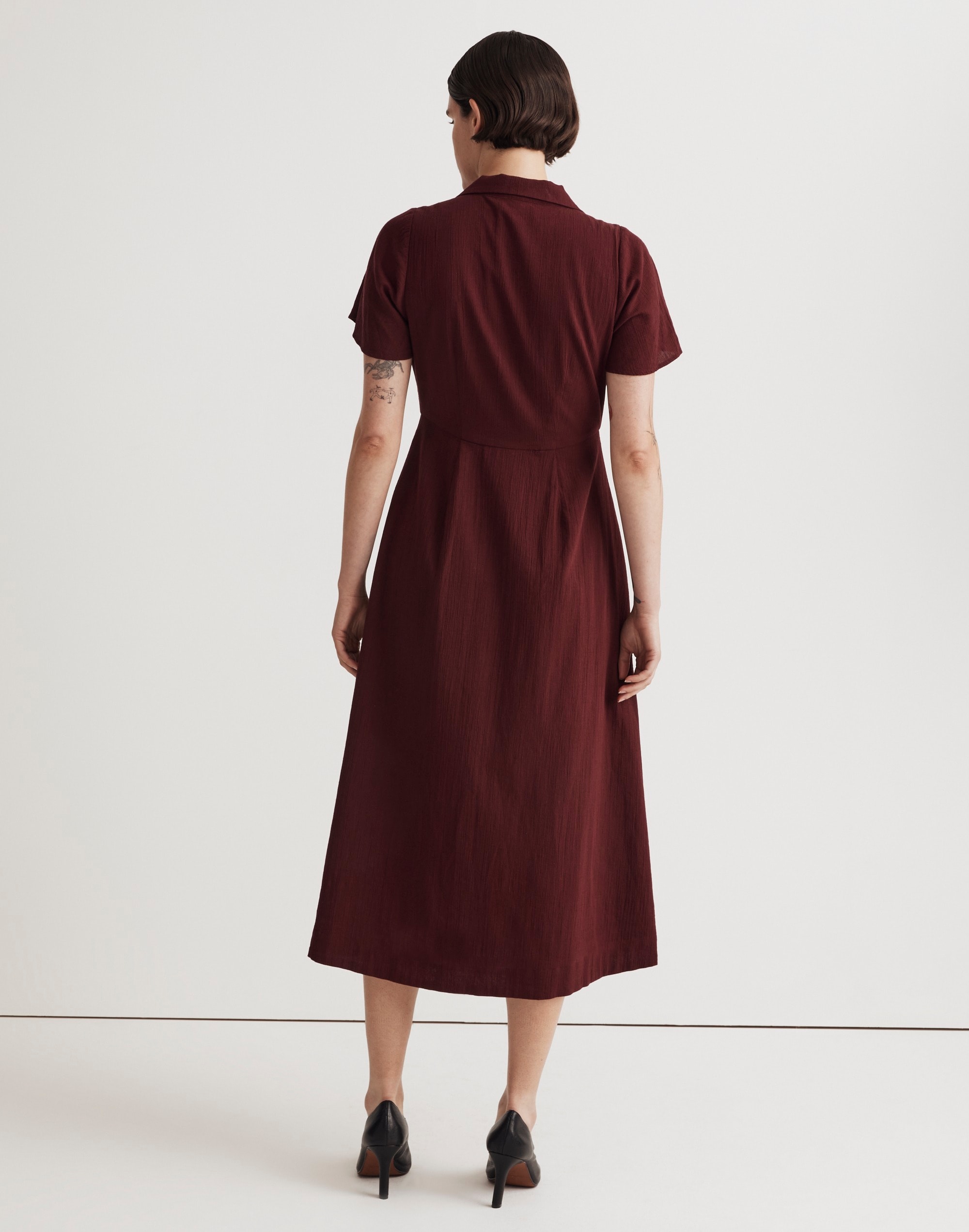 Crinkle Cotton Button-Front Midi Dress