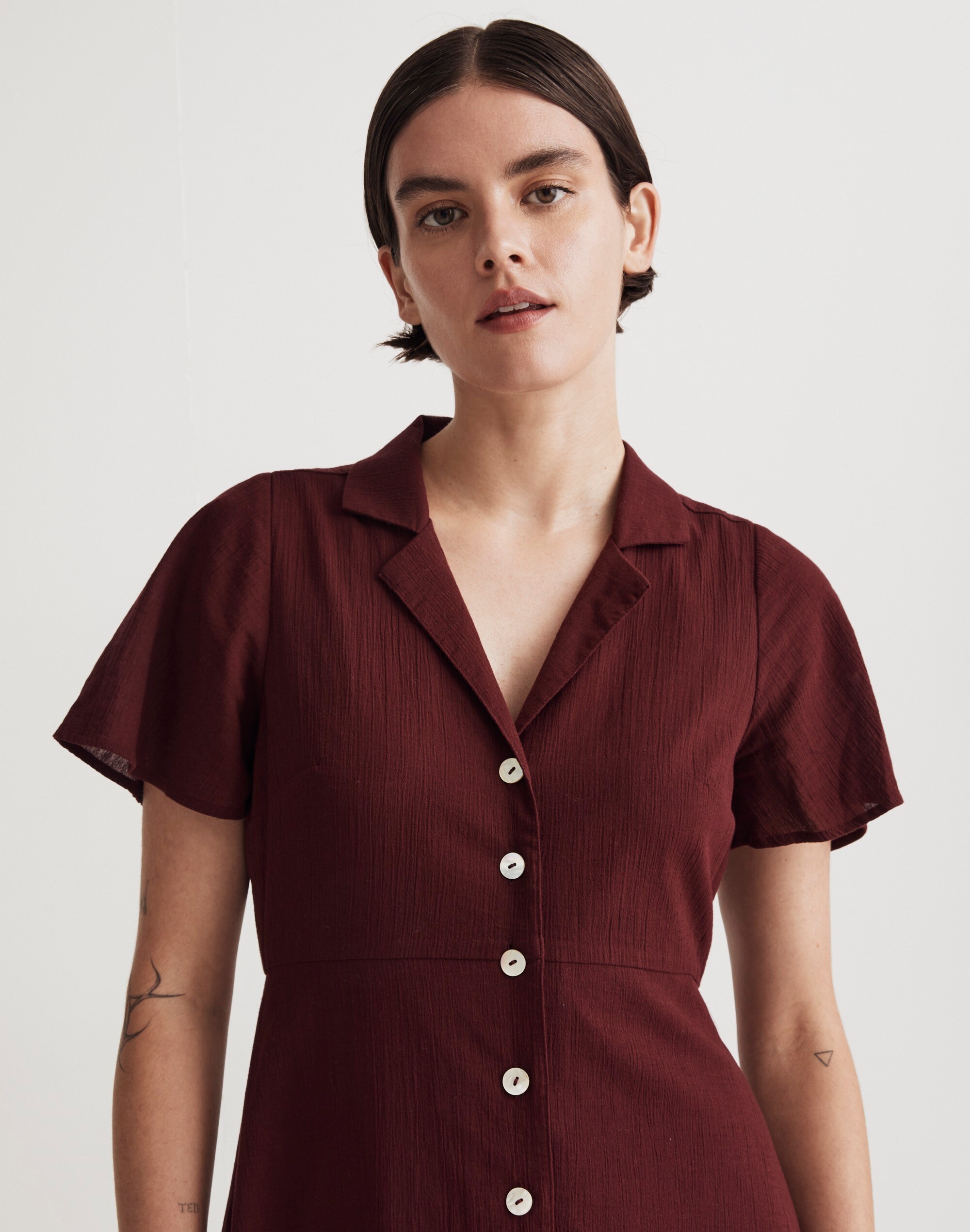 Crinkle Cotton Button-Front Midi Dress