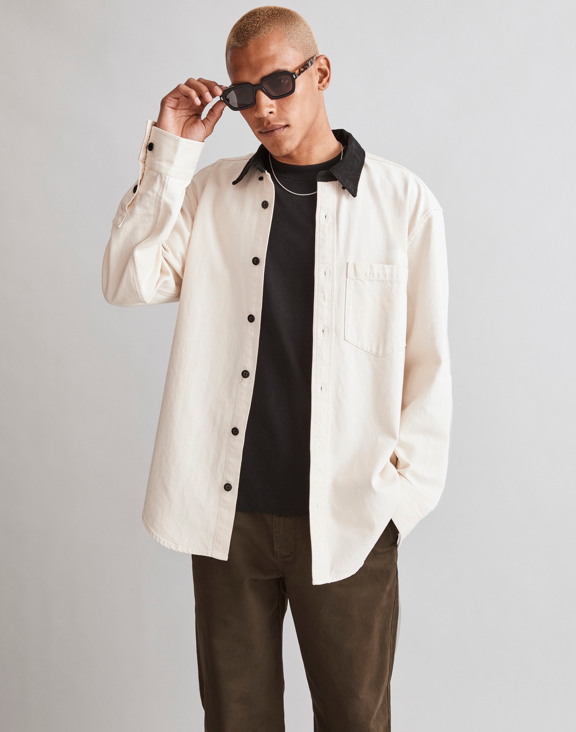 Corduroy-Collar Denim Easy Shirt in Natural Wash
