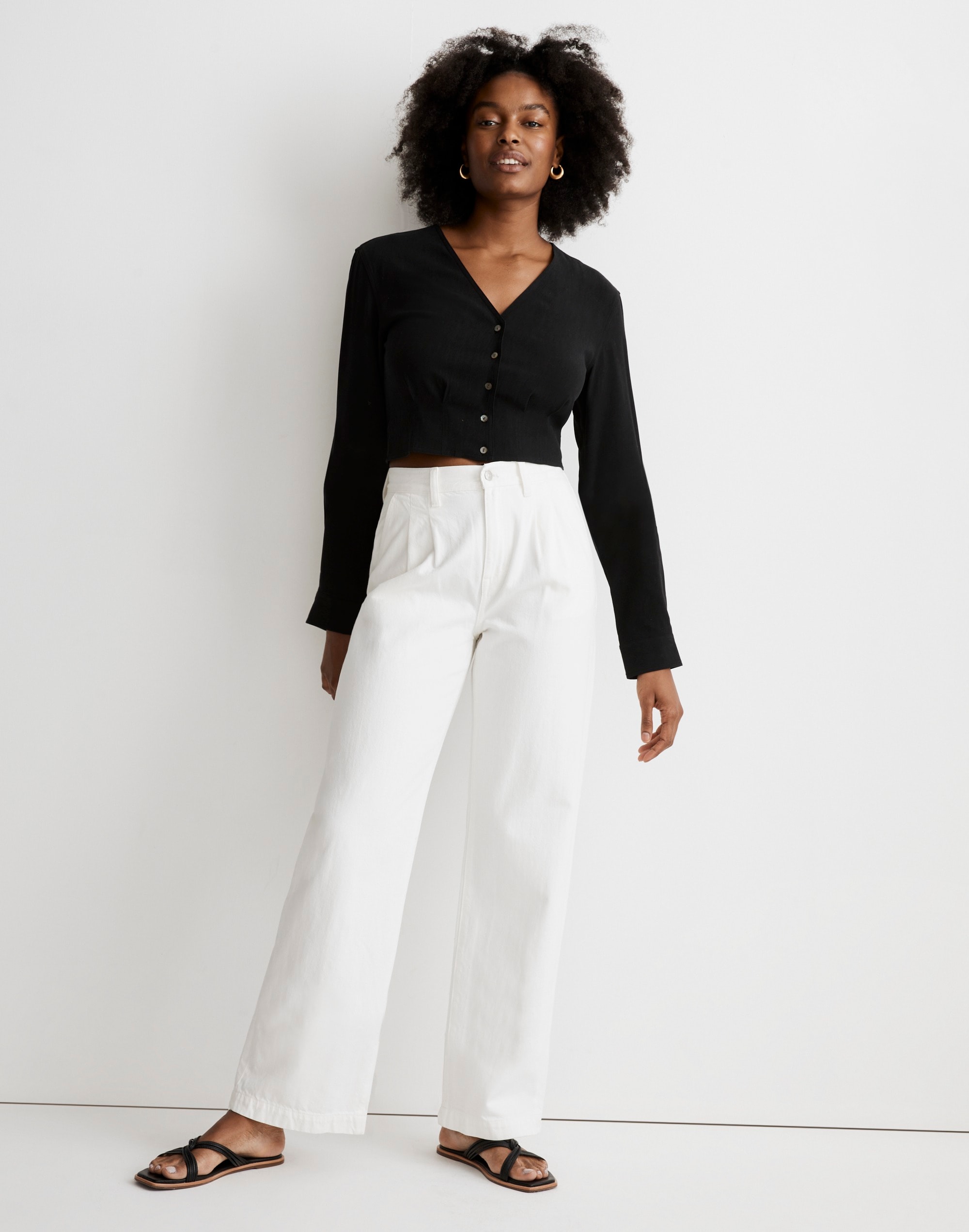 v-neck button-front crop shirt in lusterweave