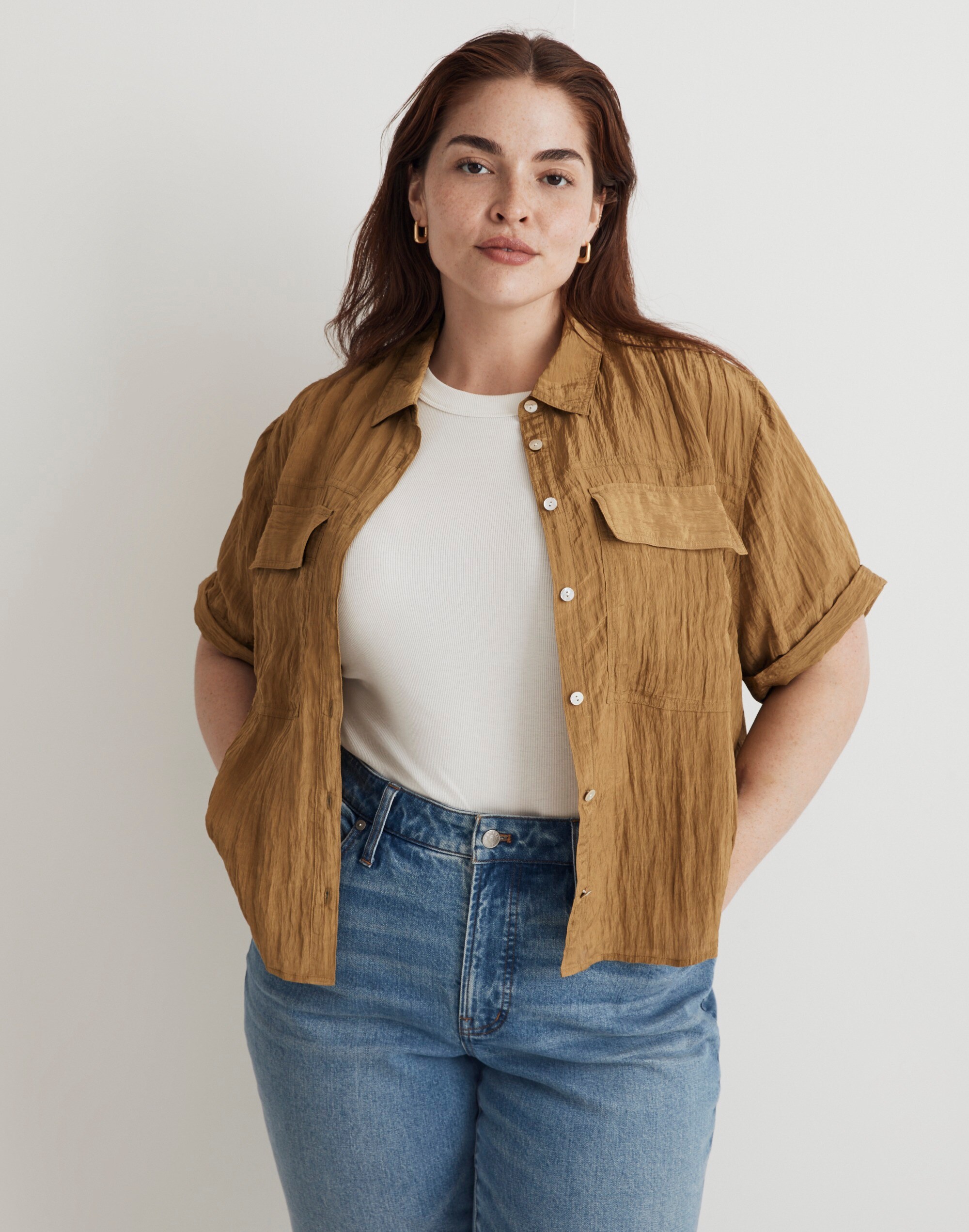Plus Crinkled Utility Button-Up Shirt