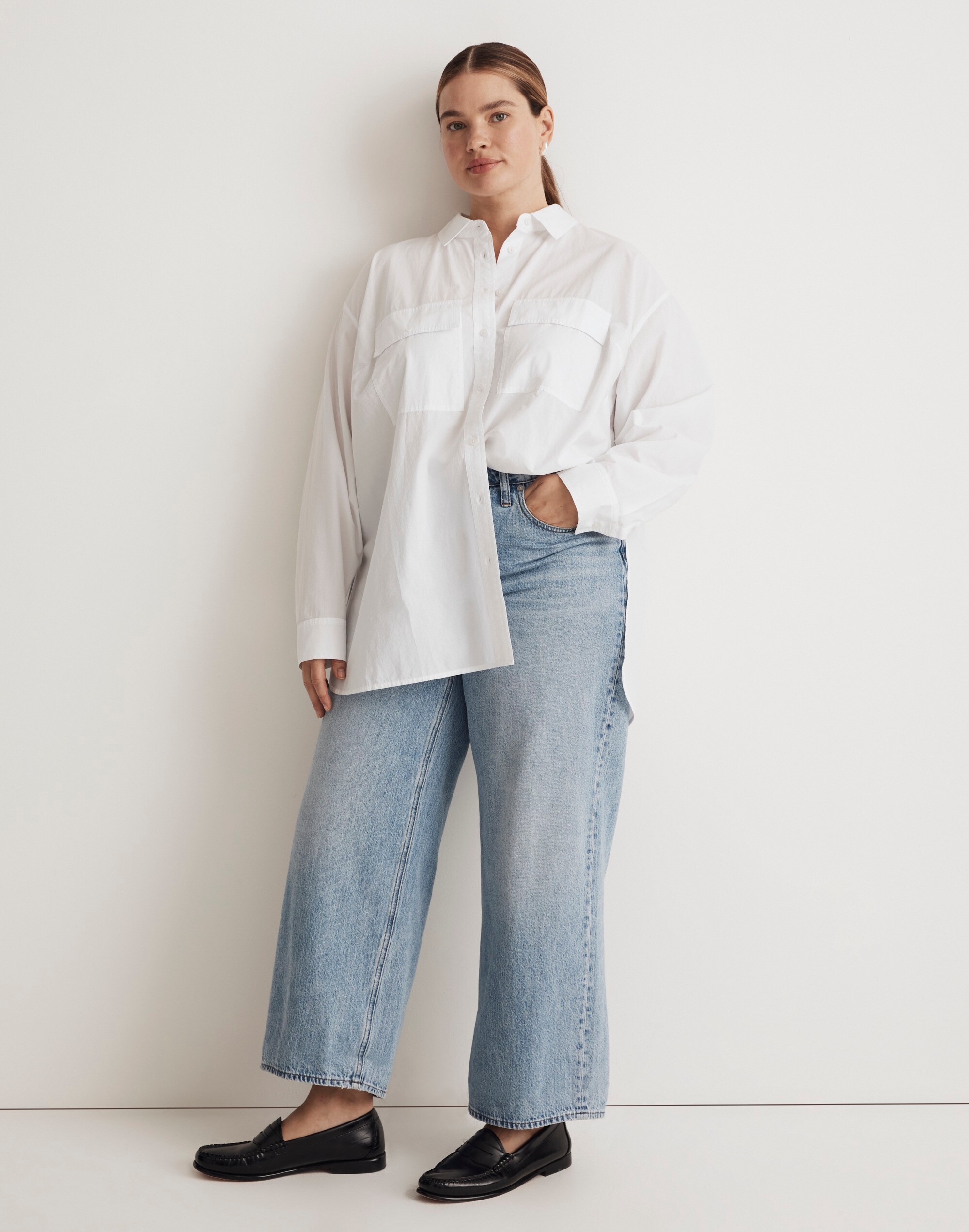 The Plus Signature Poplin Oversized Button-Up Shirt: Flap-Pocket Edition