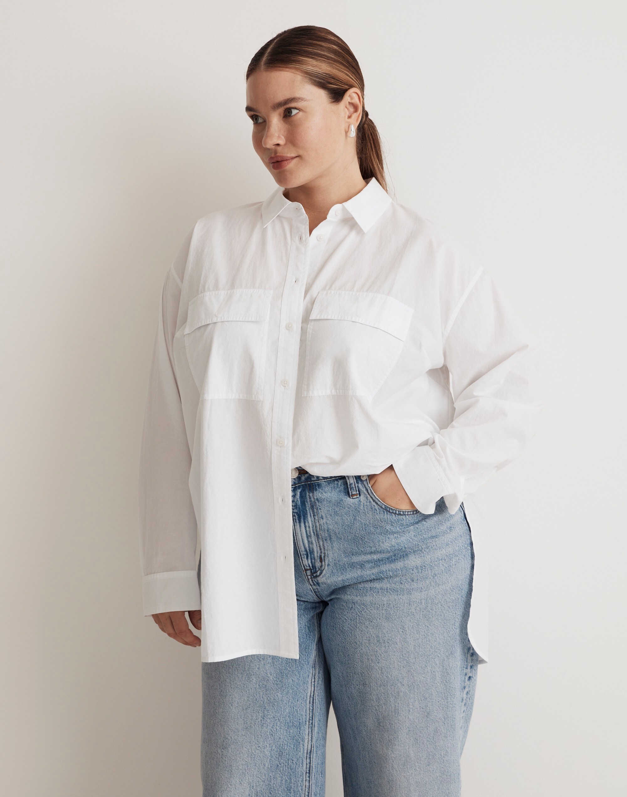 The Plus Signature Poplin Oversized Button-Up Shirt: Flap-Pocket Edition