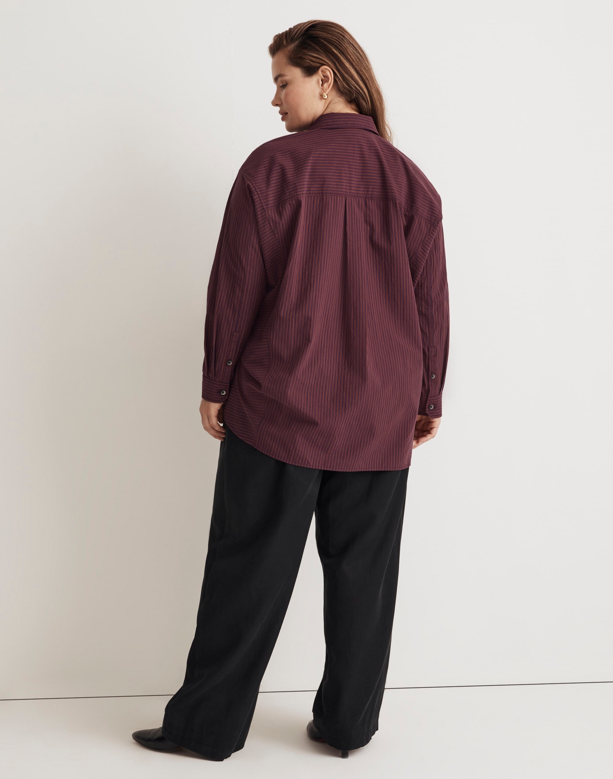 Plus Poplin Side-Panel Dolman Button-Up Shirt in Stripe