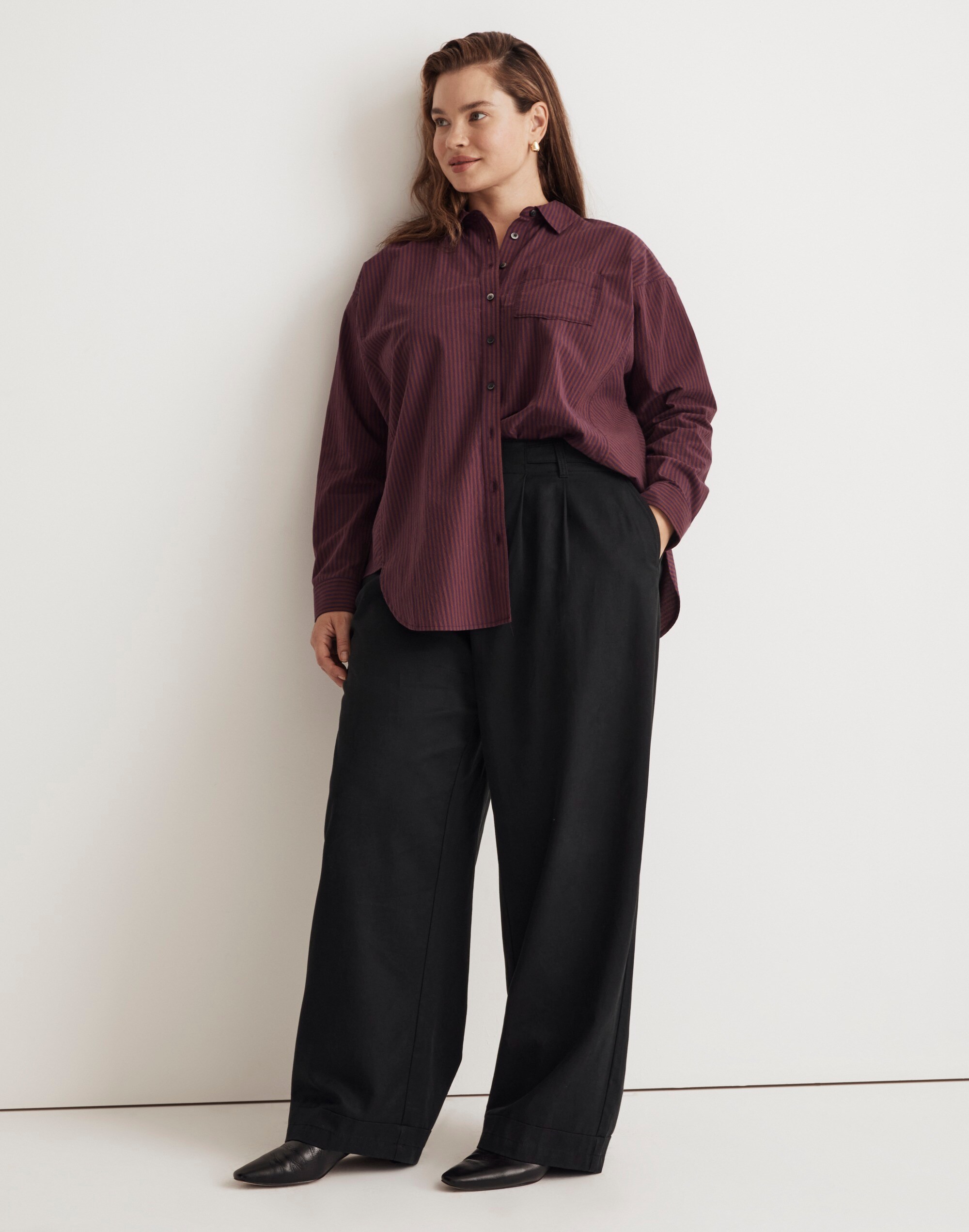 Plus Poplin Side-Panel Dolman Button-Up Shirt in Stripe