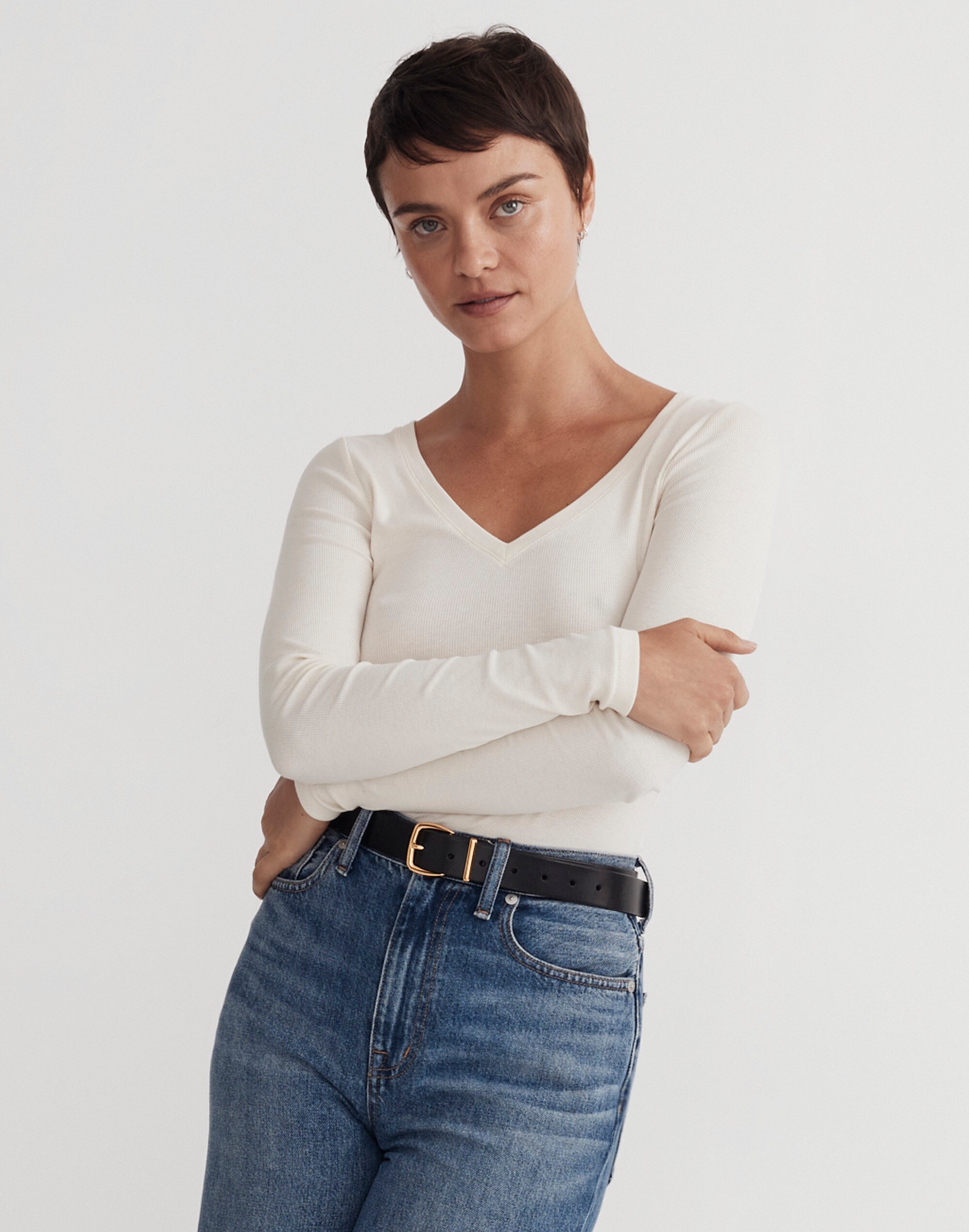 Brightside Finerib V-Neck Long-Sleeve Tee