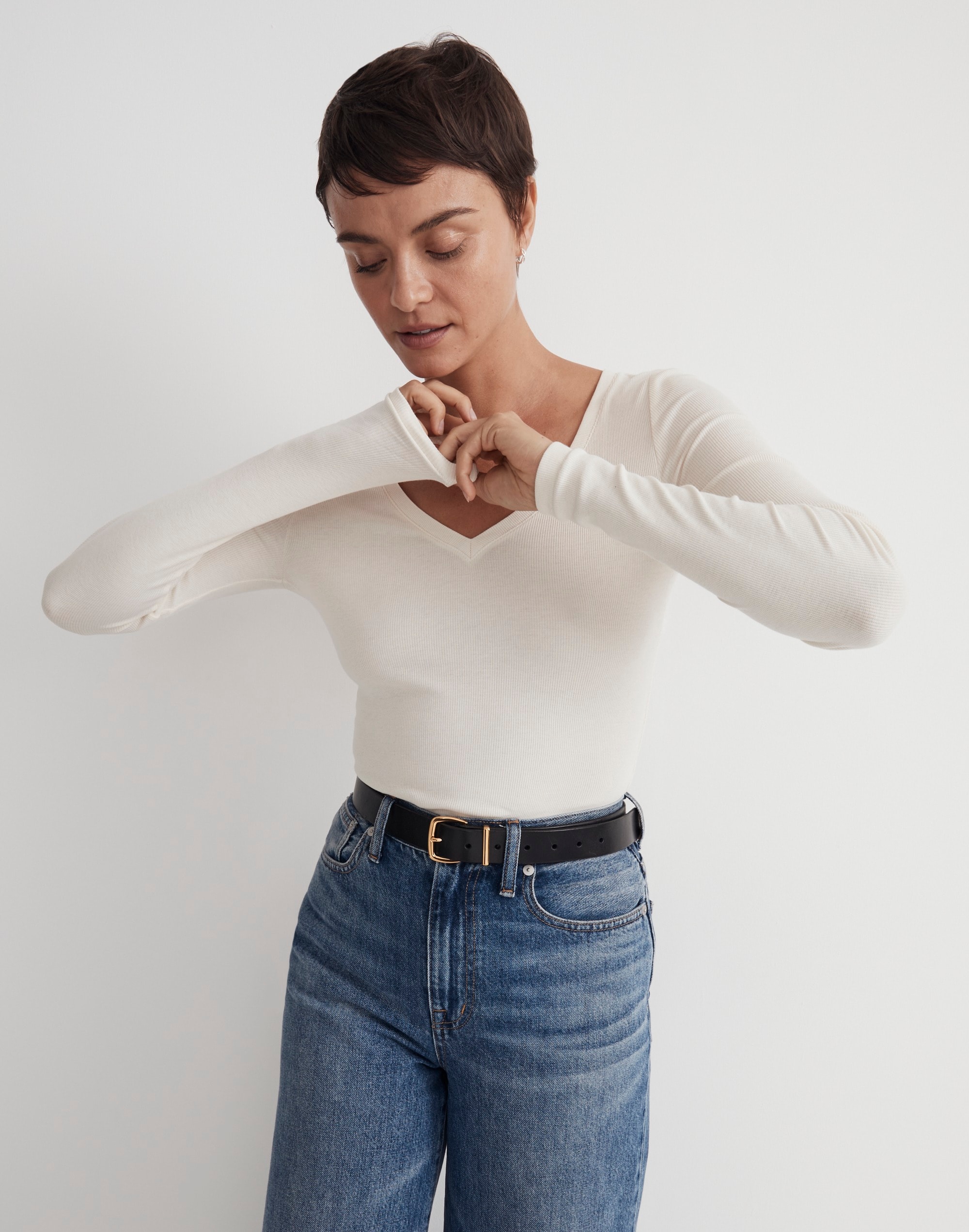 Brightside Finerib V-Neck Long-Sleeve Tee