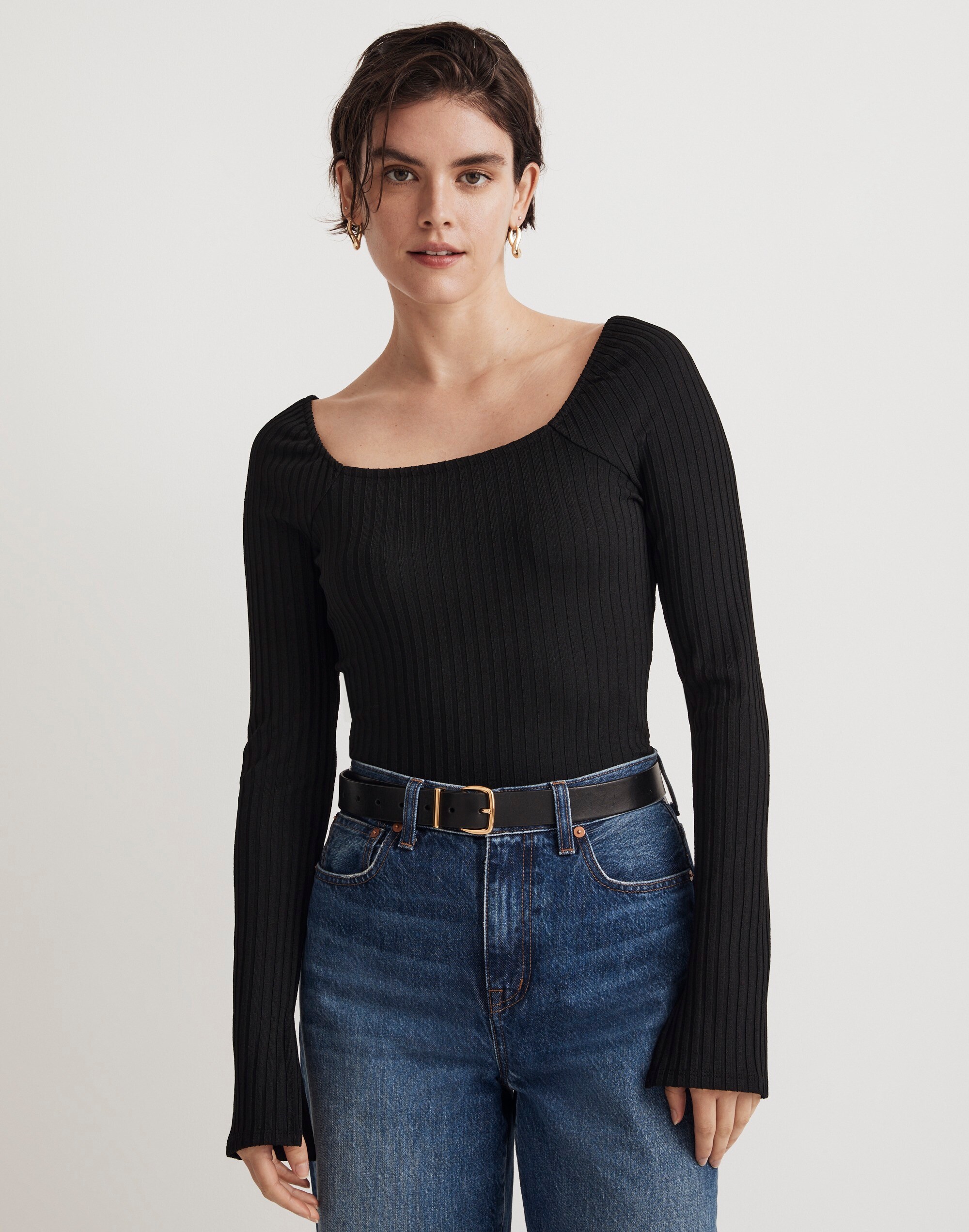 Ribbed Square-Neck Long-Sleeve Tee